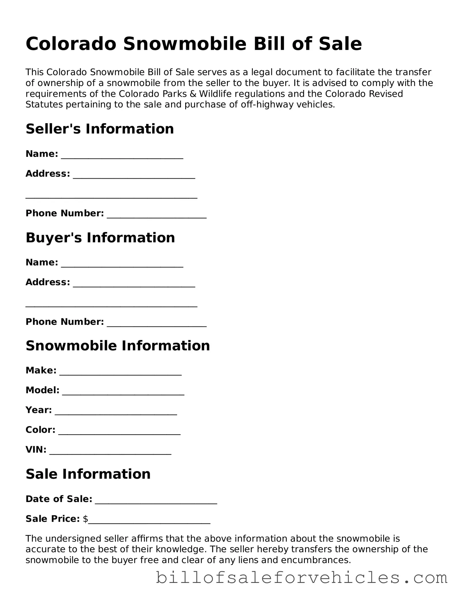 Valid Colorado Snowmobile Bill of Sale Template
