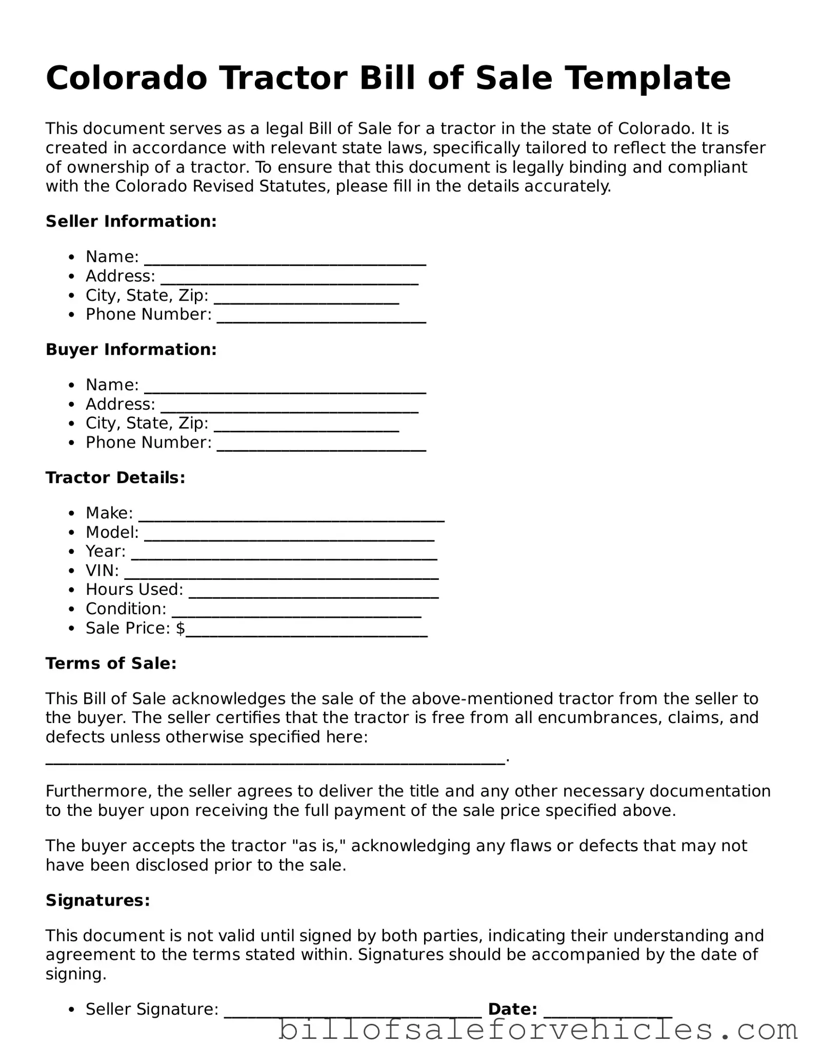 Valid Colorado Tractor Bill of Sale Template