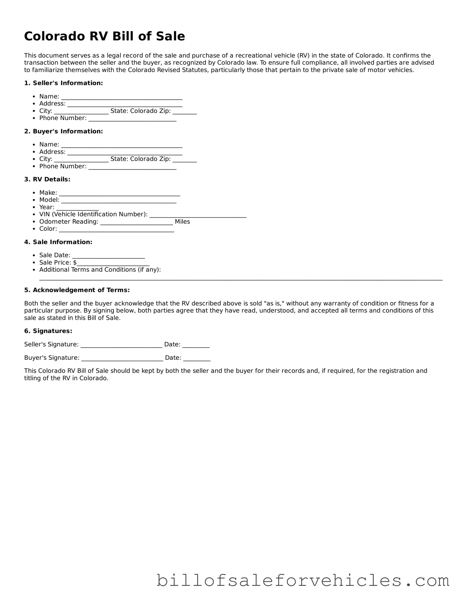 Valid Colorado RV Bill of Sale Template