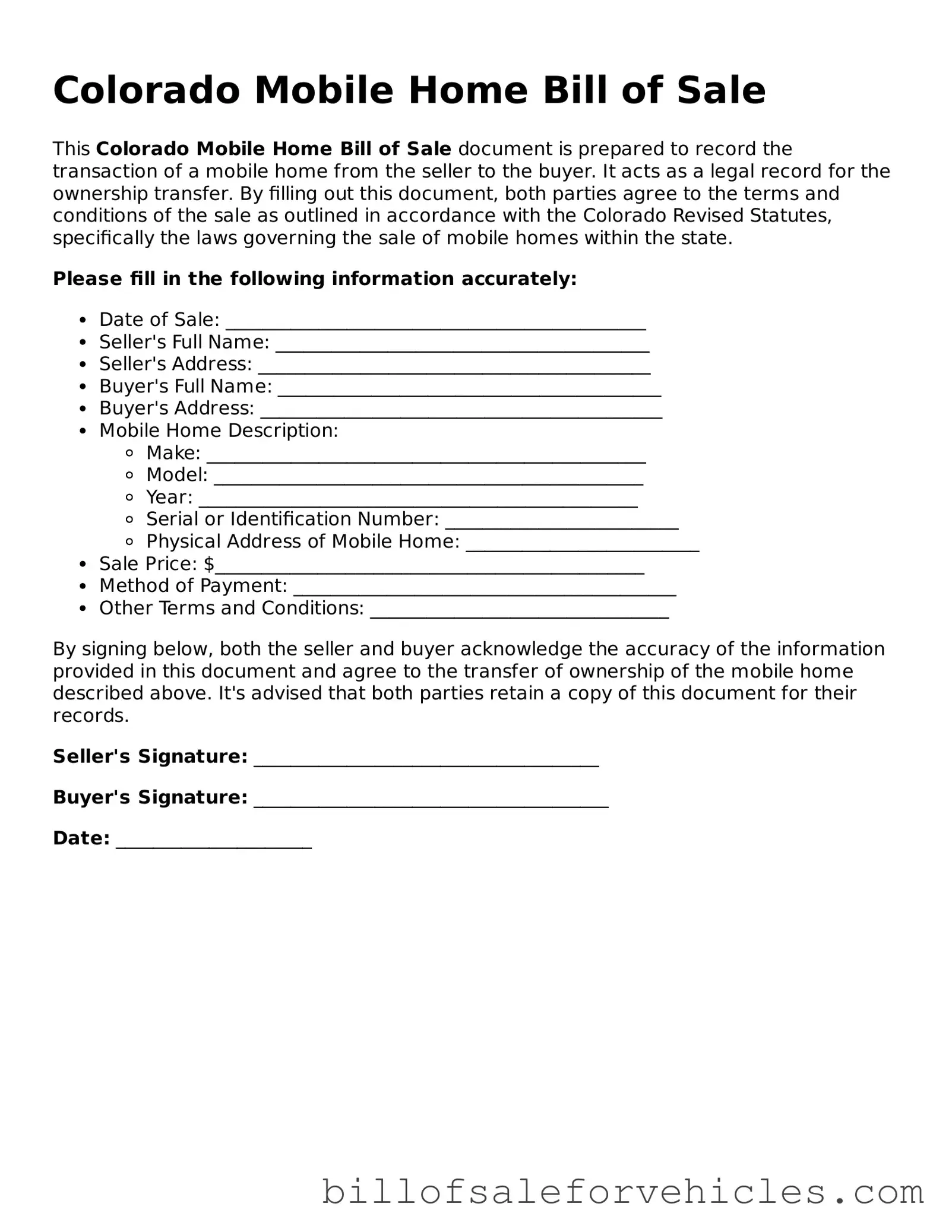 Valid Colorado Mobile Home Bill of Sale Template
