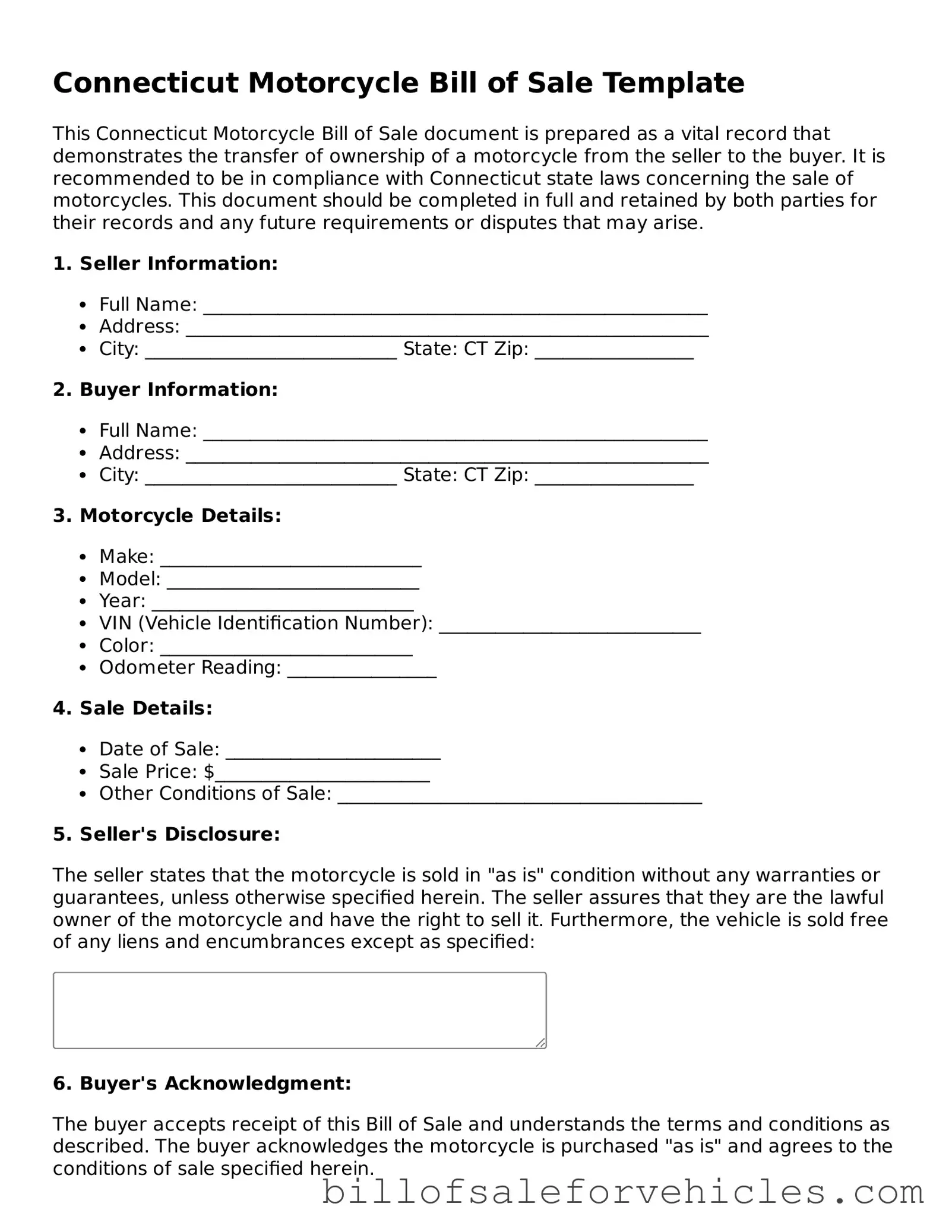Valid Connecticut Motorcycle Bill of Sale Template