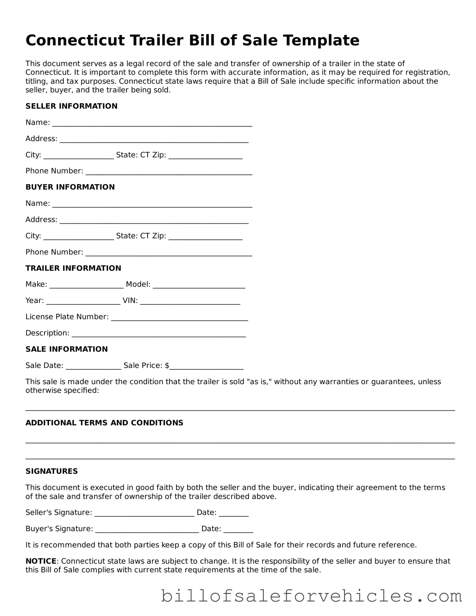 Valid Connecticut Trailer Bill of Sale Template