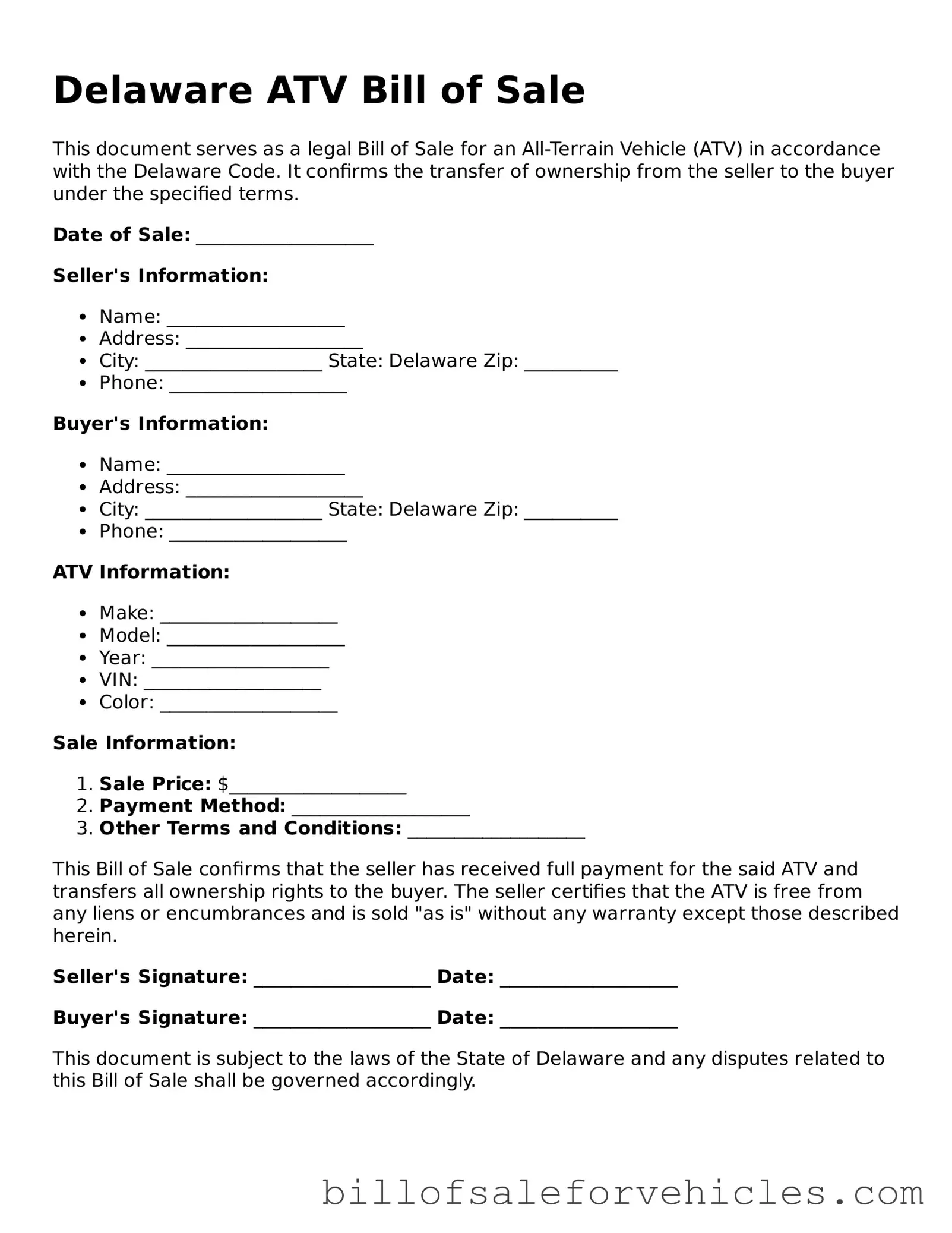 Valid Delaware ATV Bill of Sale Template