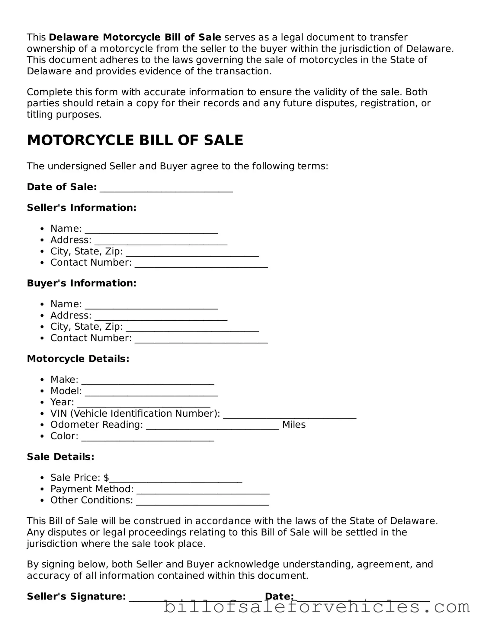 Valid Delaware Motorcycle Bill of Sale Template