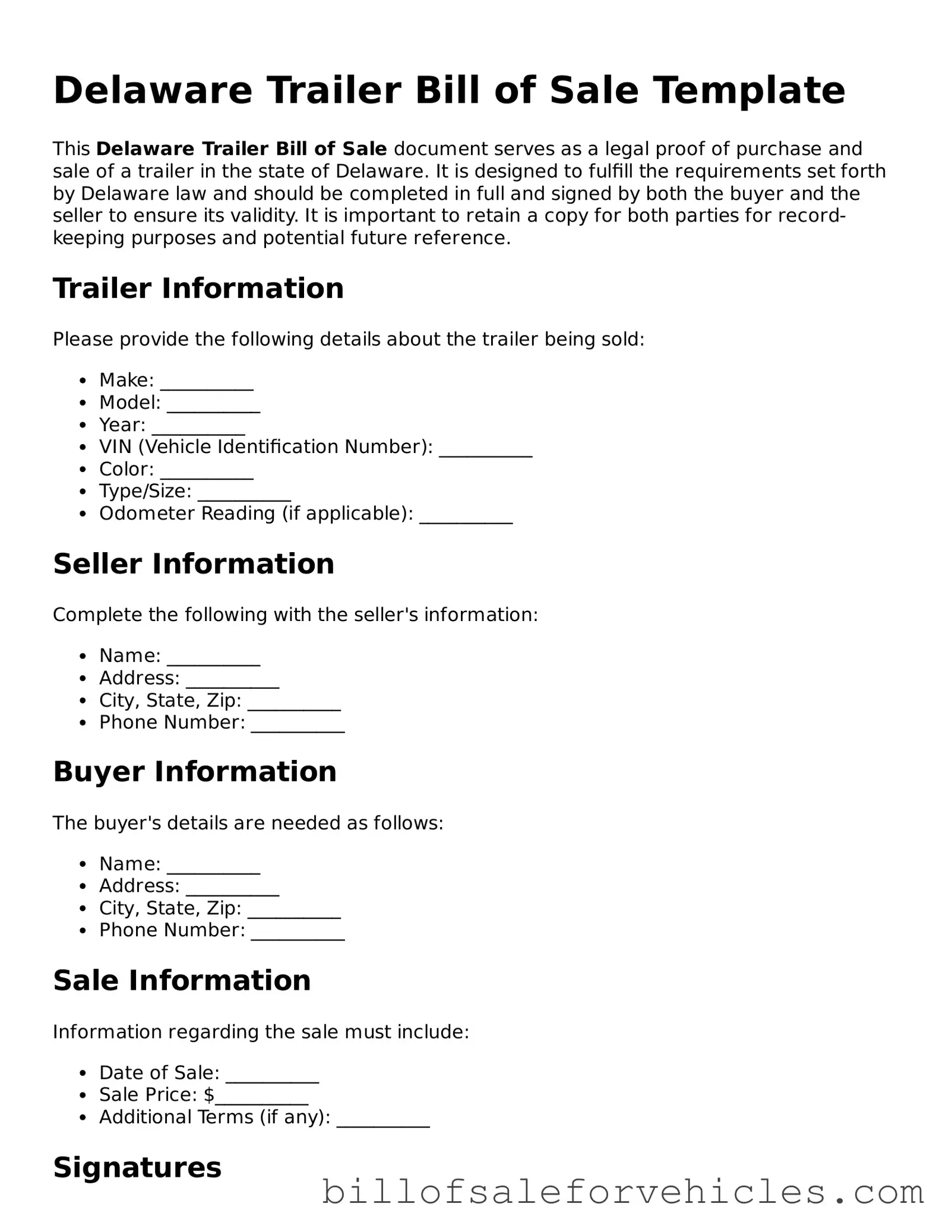Valid Delaware Trailer Bill of Sale Template
