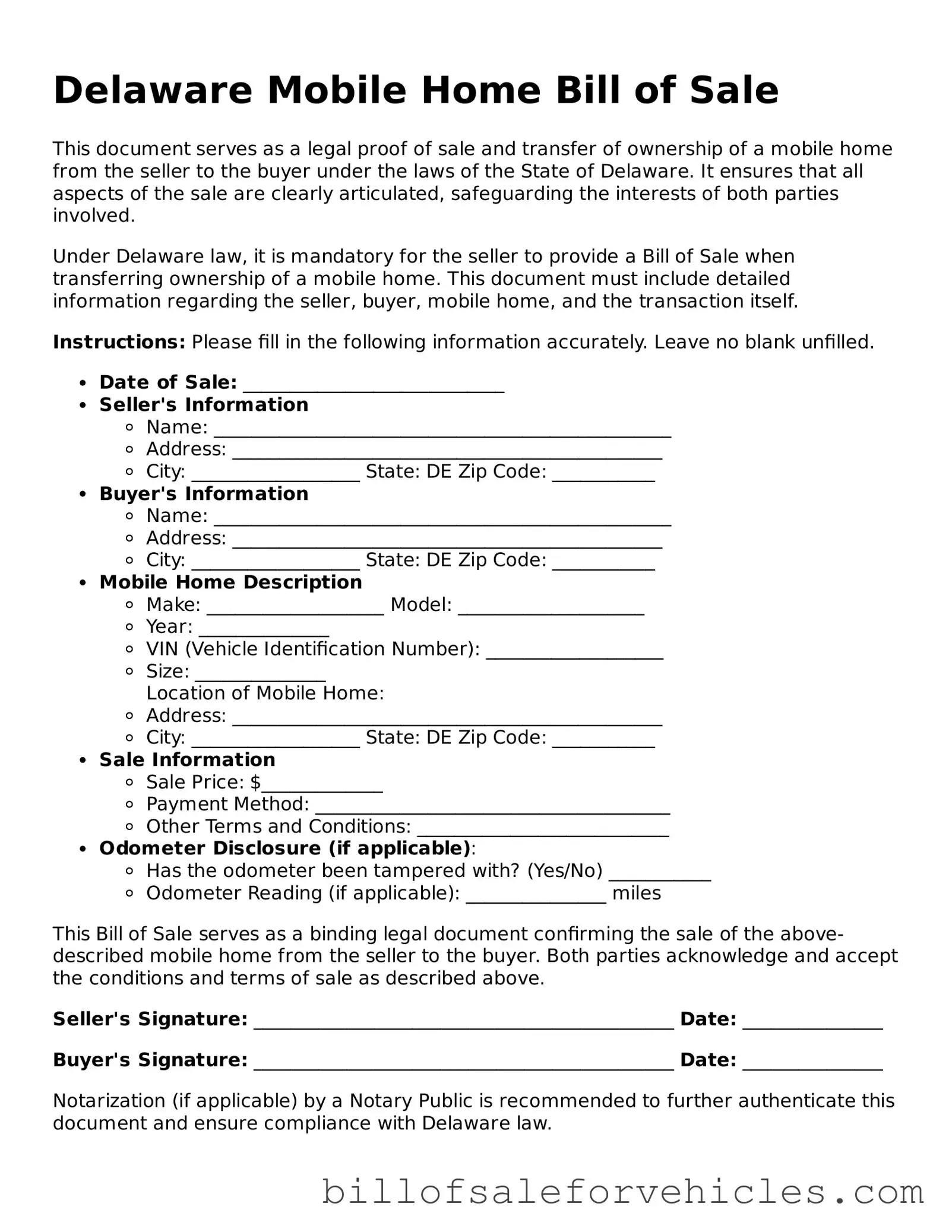 Valid Delaware Mobile Home Bill of Sale Template