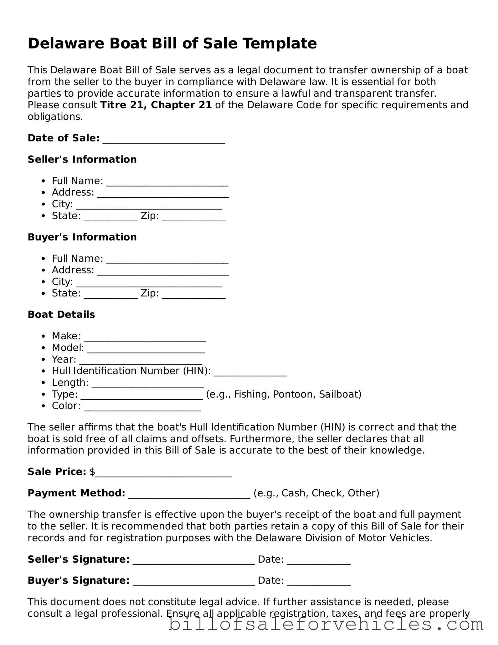 Valid Delaware Boat Bill of Sale Template