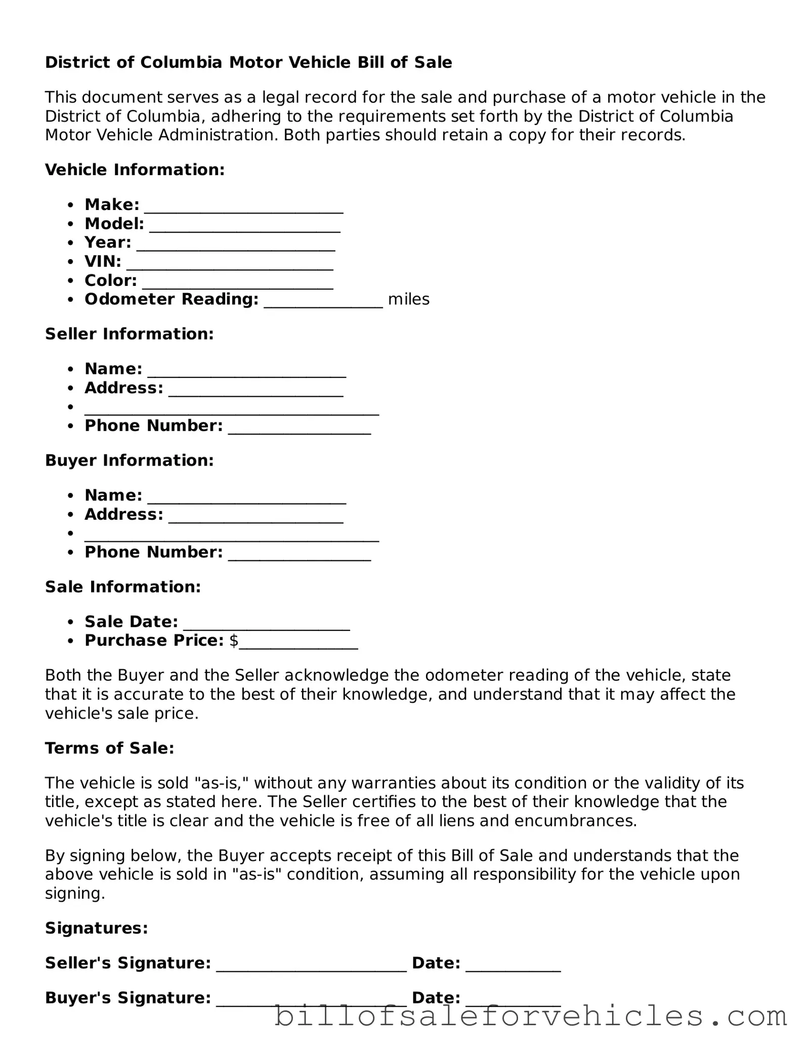 Valid District of Columbia Motor Vehicle Bill of Sale Template