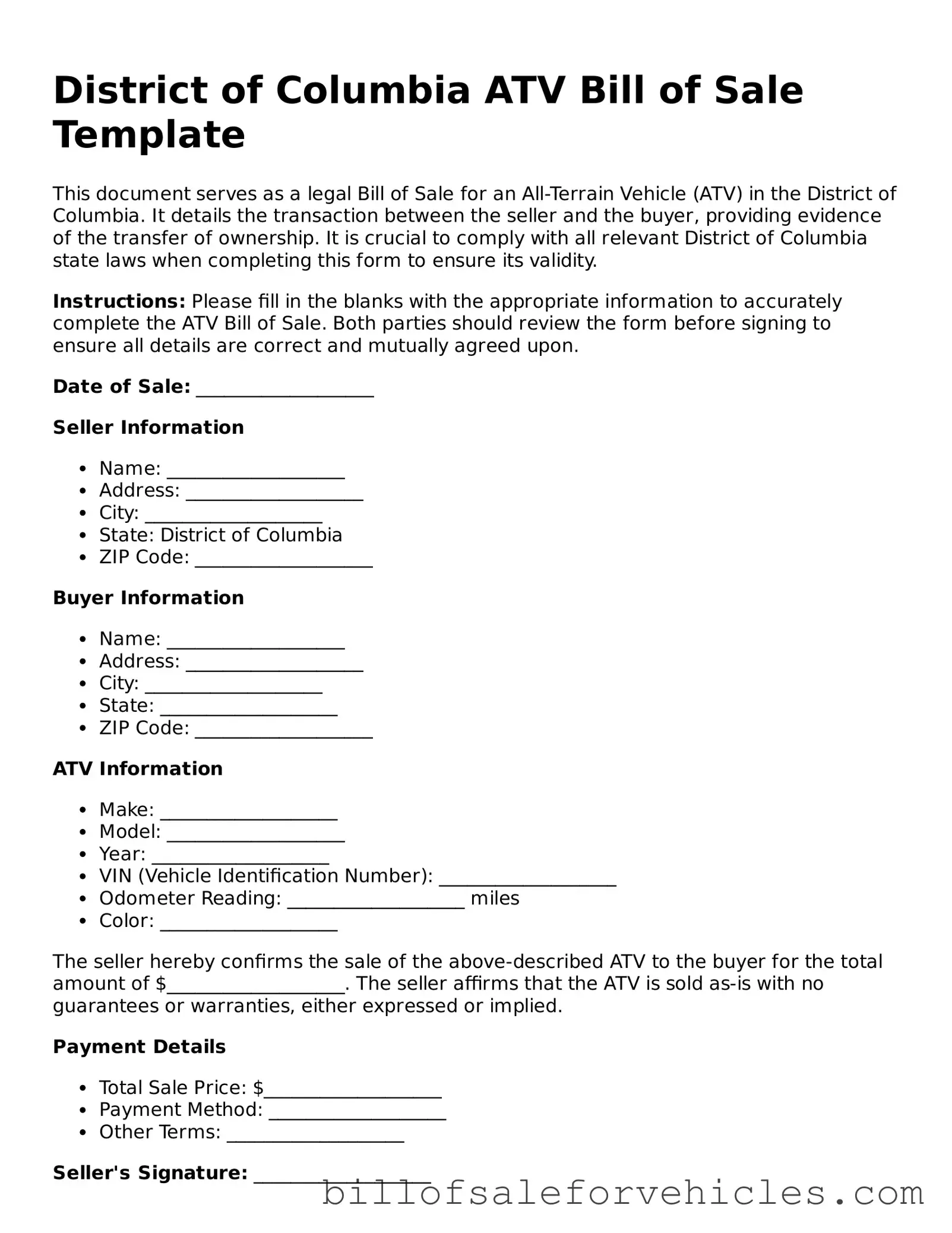 Valid District of Columbia ATV Bill of Sale Template