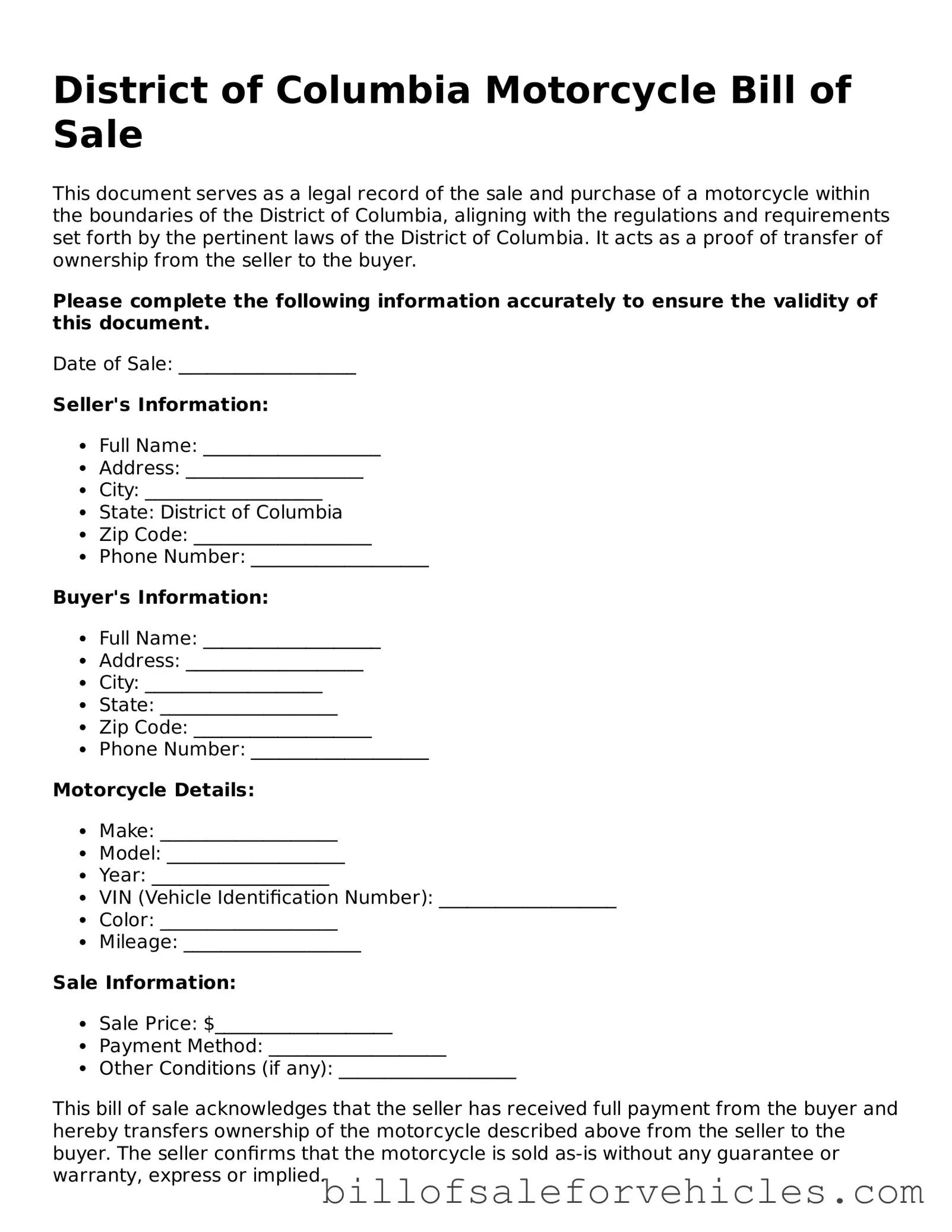 Valid District of Columbia Motorcycle Bill of Sale Template
