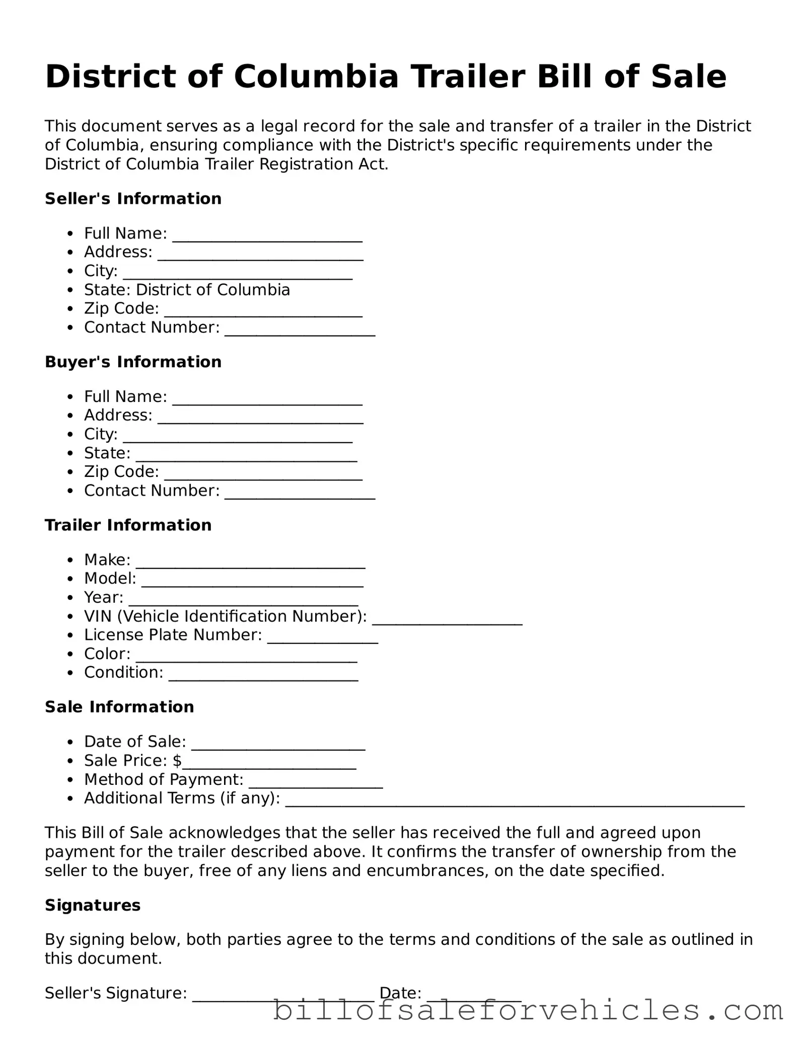 Valid District of Columbia Trailer Bill of Sale Template