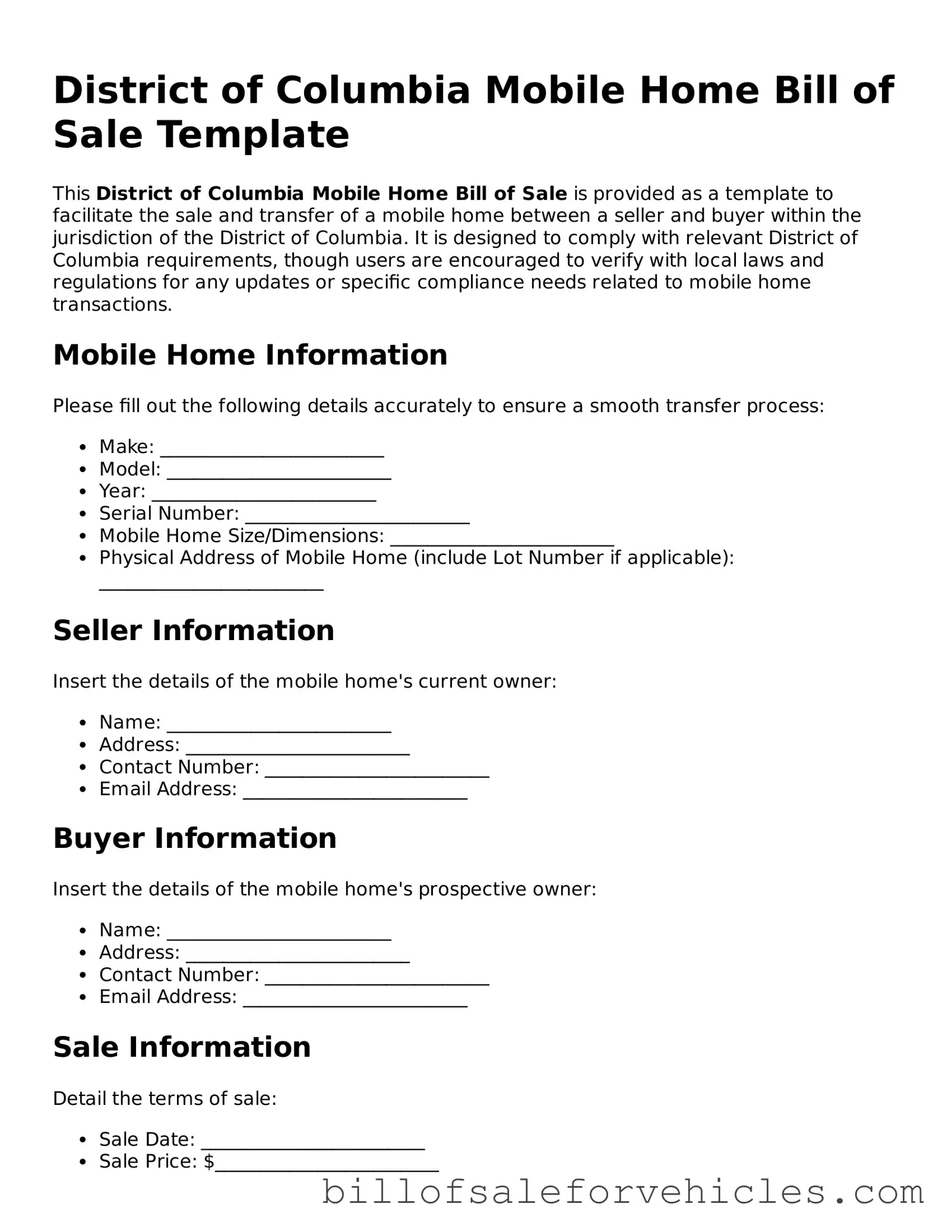 Valid District of Columbia Mobile Home Bill of Sale Template