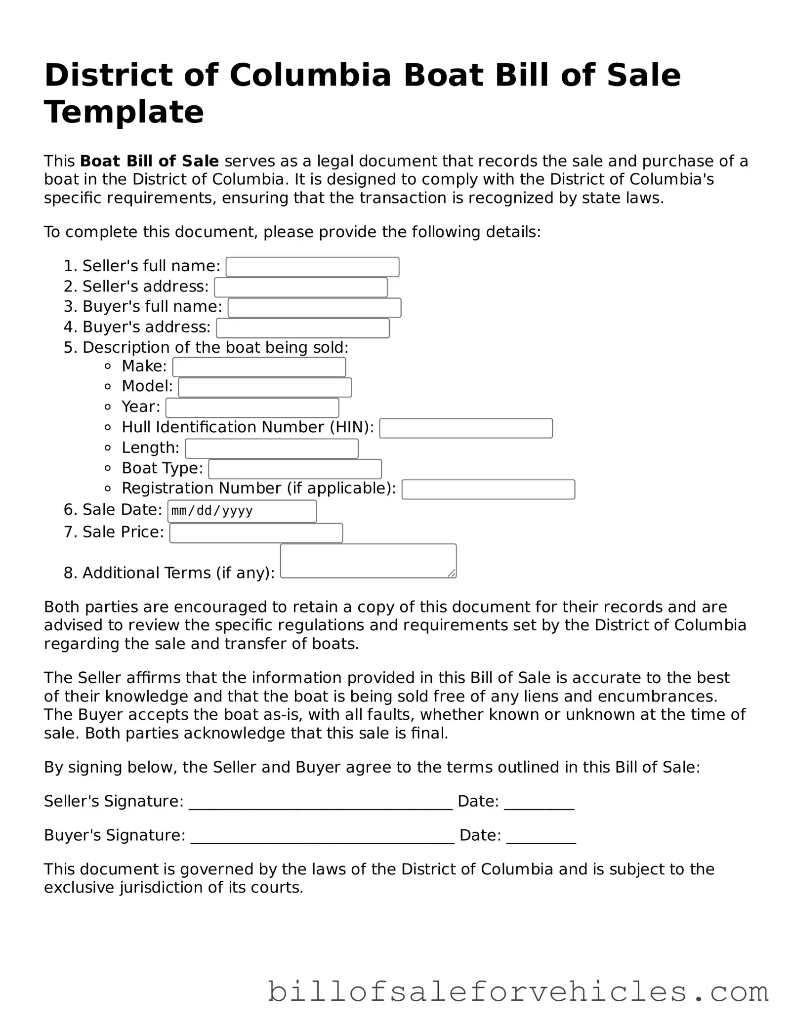 Valid District of Columbia Boat Bill of Sale Template