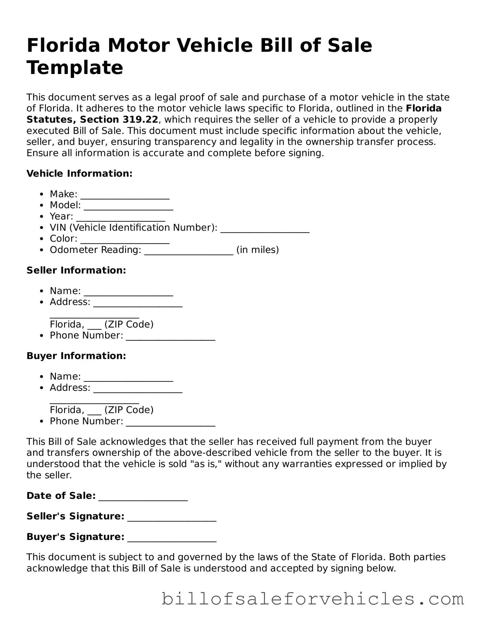 Valid Florida Motor Vehicle Bill of Sale Template