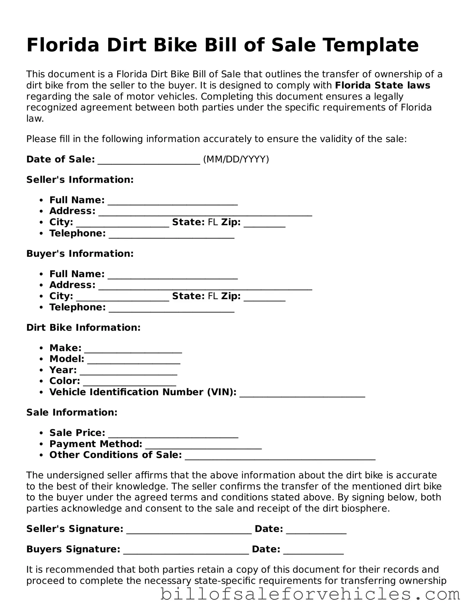 Valid Florida Dirt Bike Bill of Sale Template