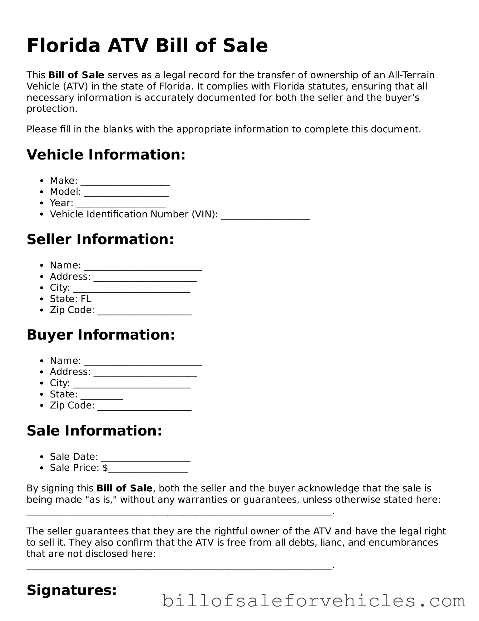 Valid Florida ATV Bill of Sale Template