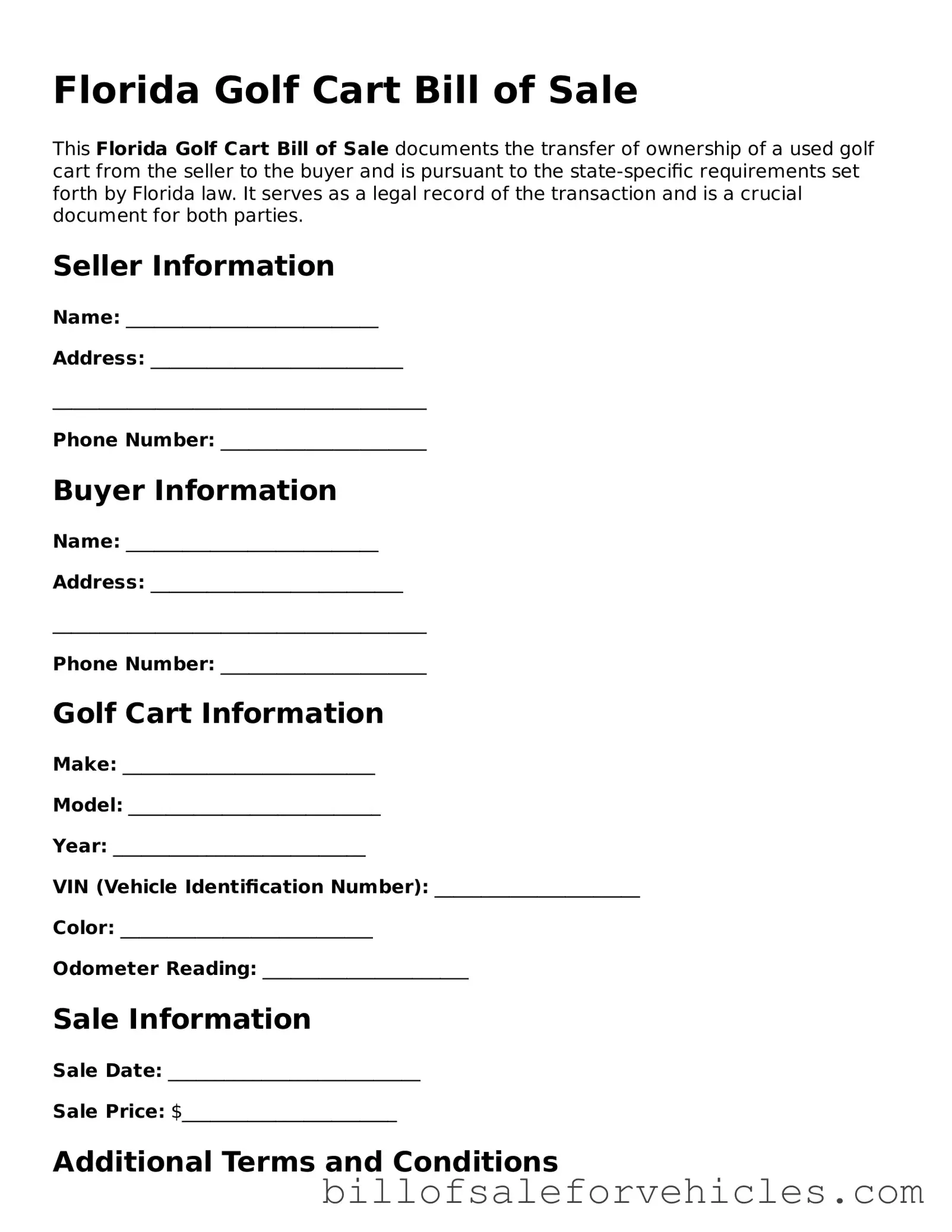 Valid Florida Golf Cart Bill of Sale Template