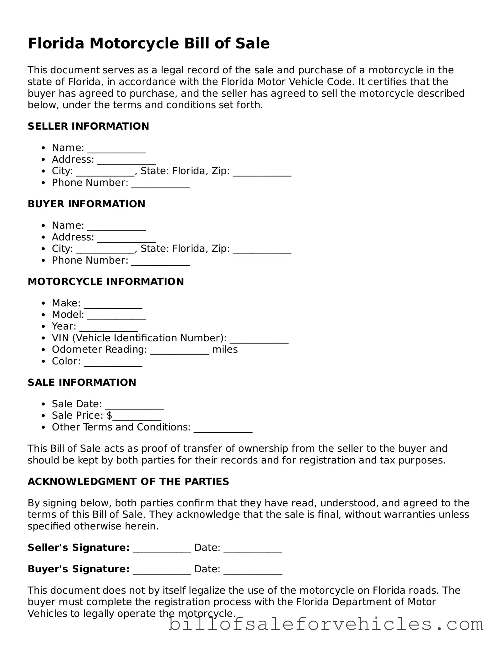 Valid Florida Motorcycle Bill of Sale Template