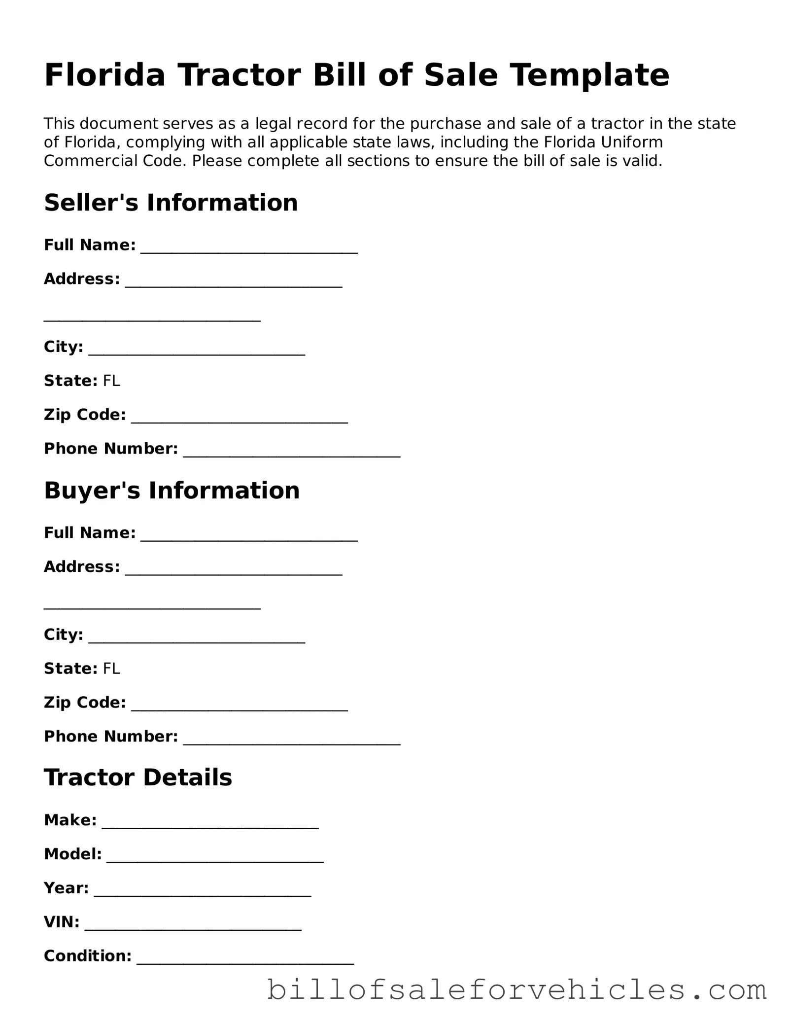 Valid Florida Tractor Bill of Sale Template