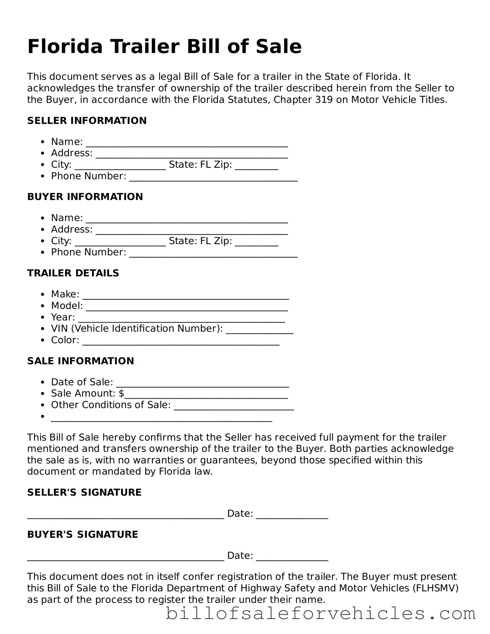 Valid Florida Trailer Bill of Sale Template