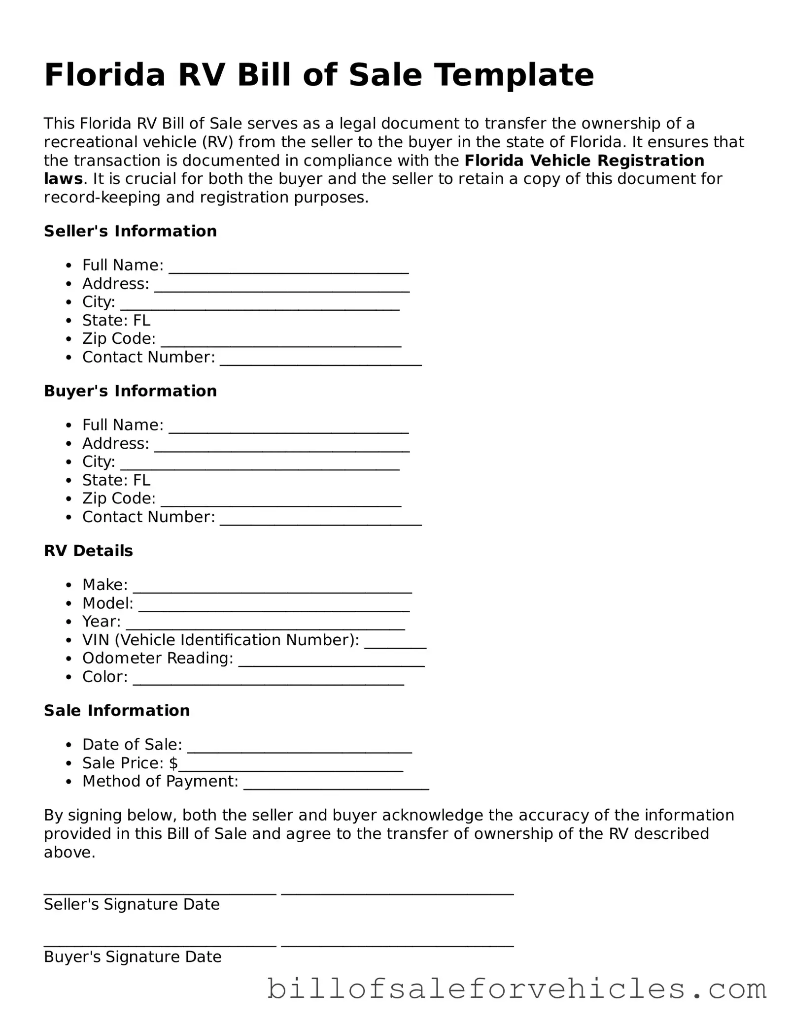 Valid Florida RV Bill of Sale Template