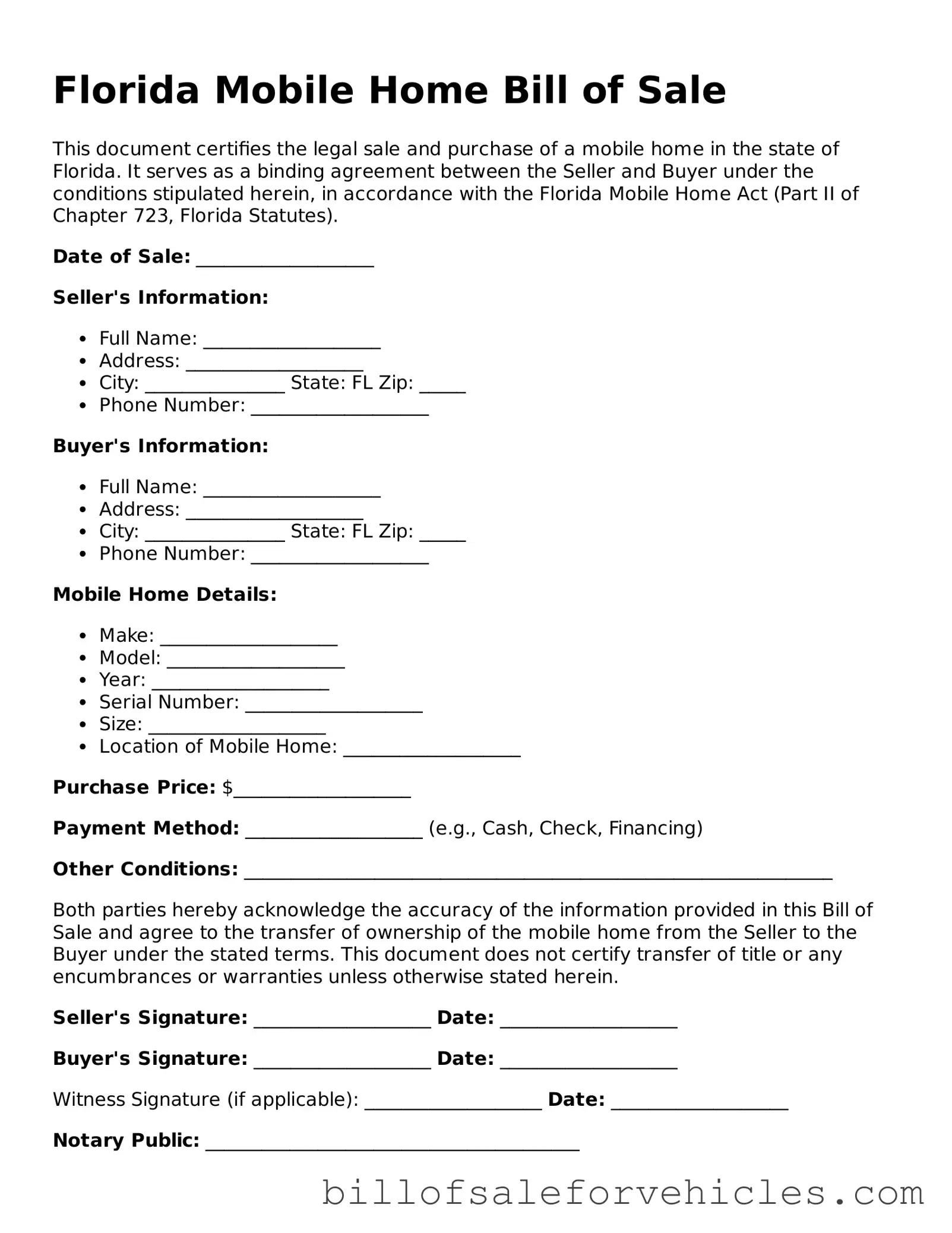 Valid Florida Mobile Home Bill of Sale Template