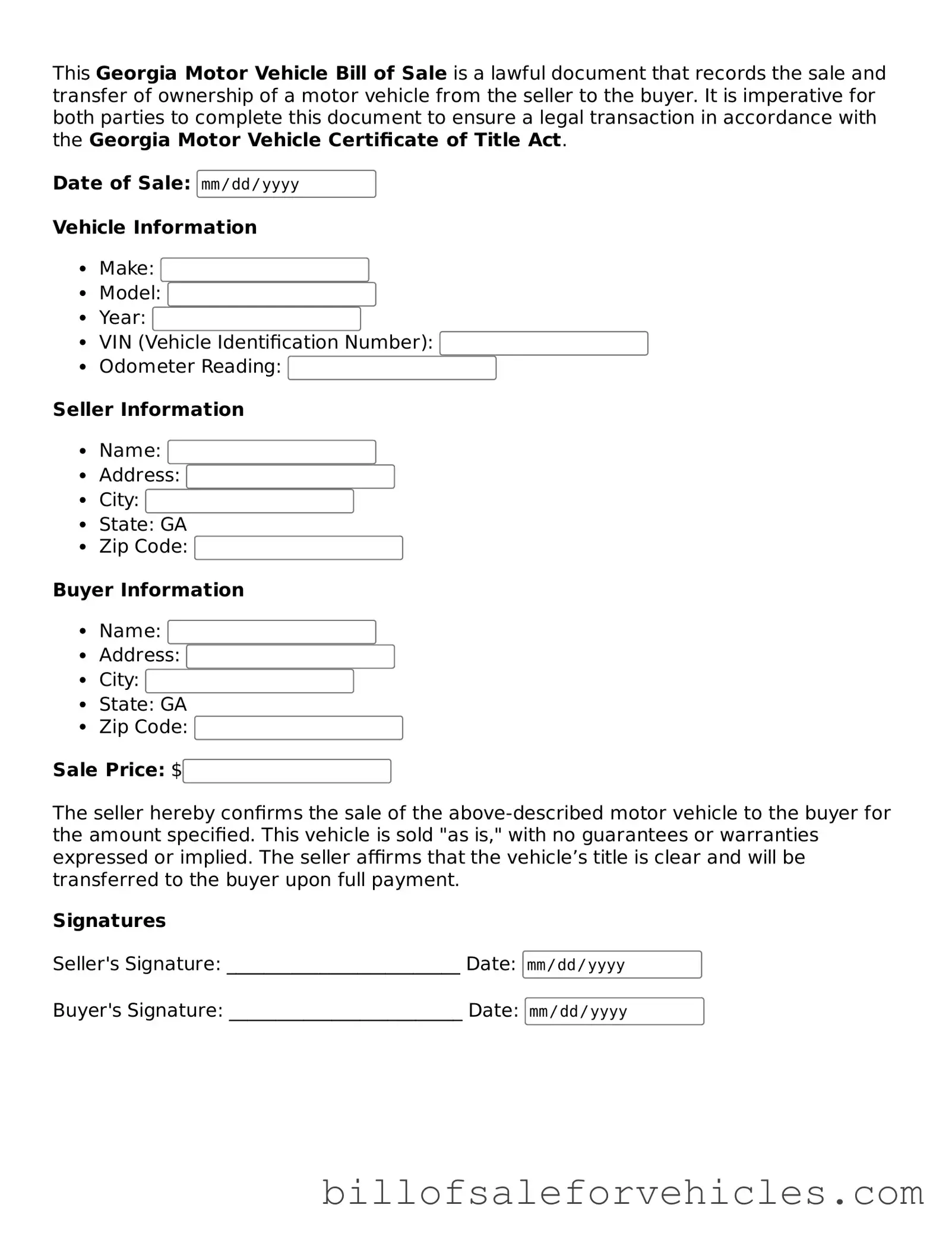 Valid Georgia Motor Vehicle Bill of Sale Template
