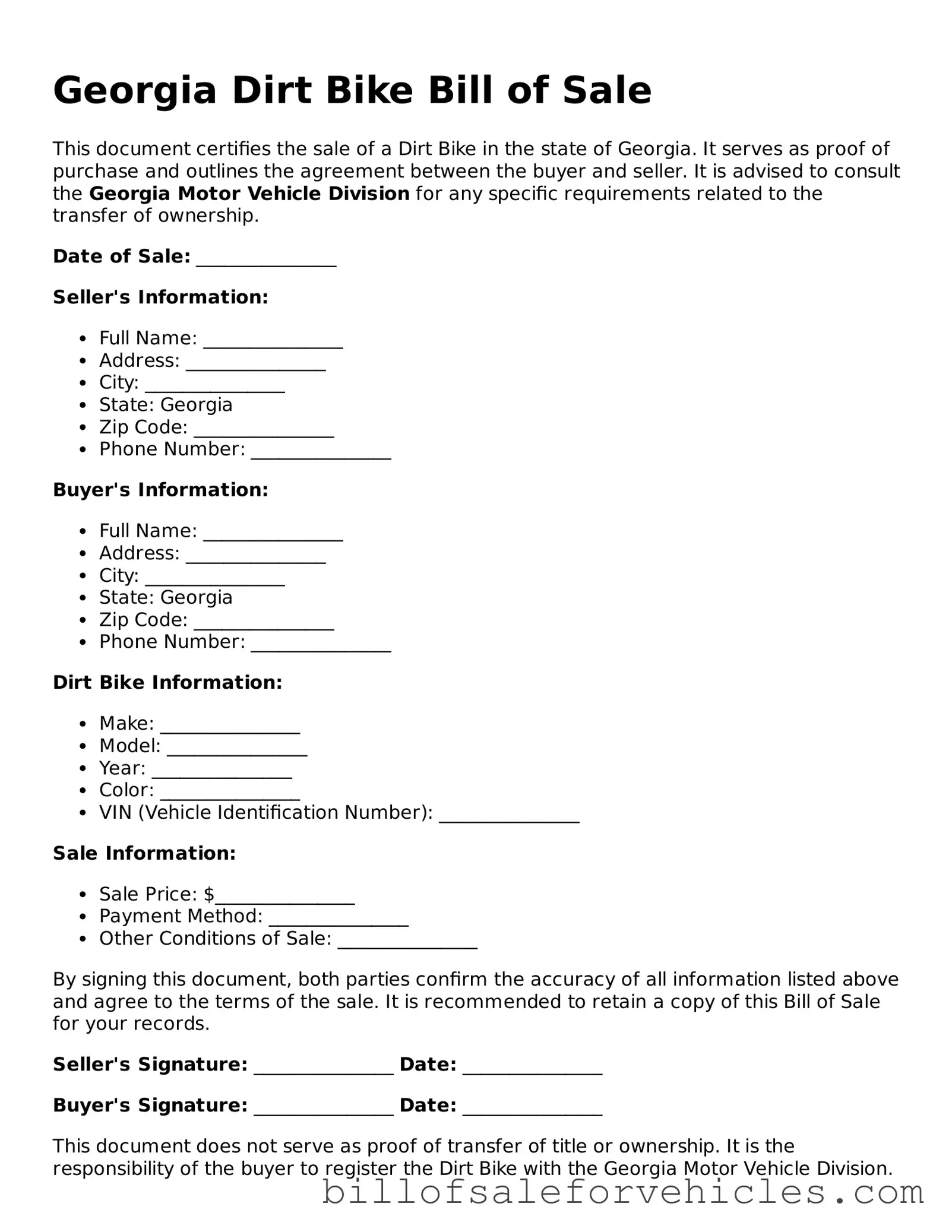 Valid Georgia Dirt Bike Bill of Sale Template