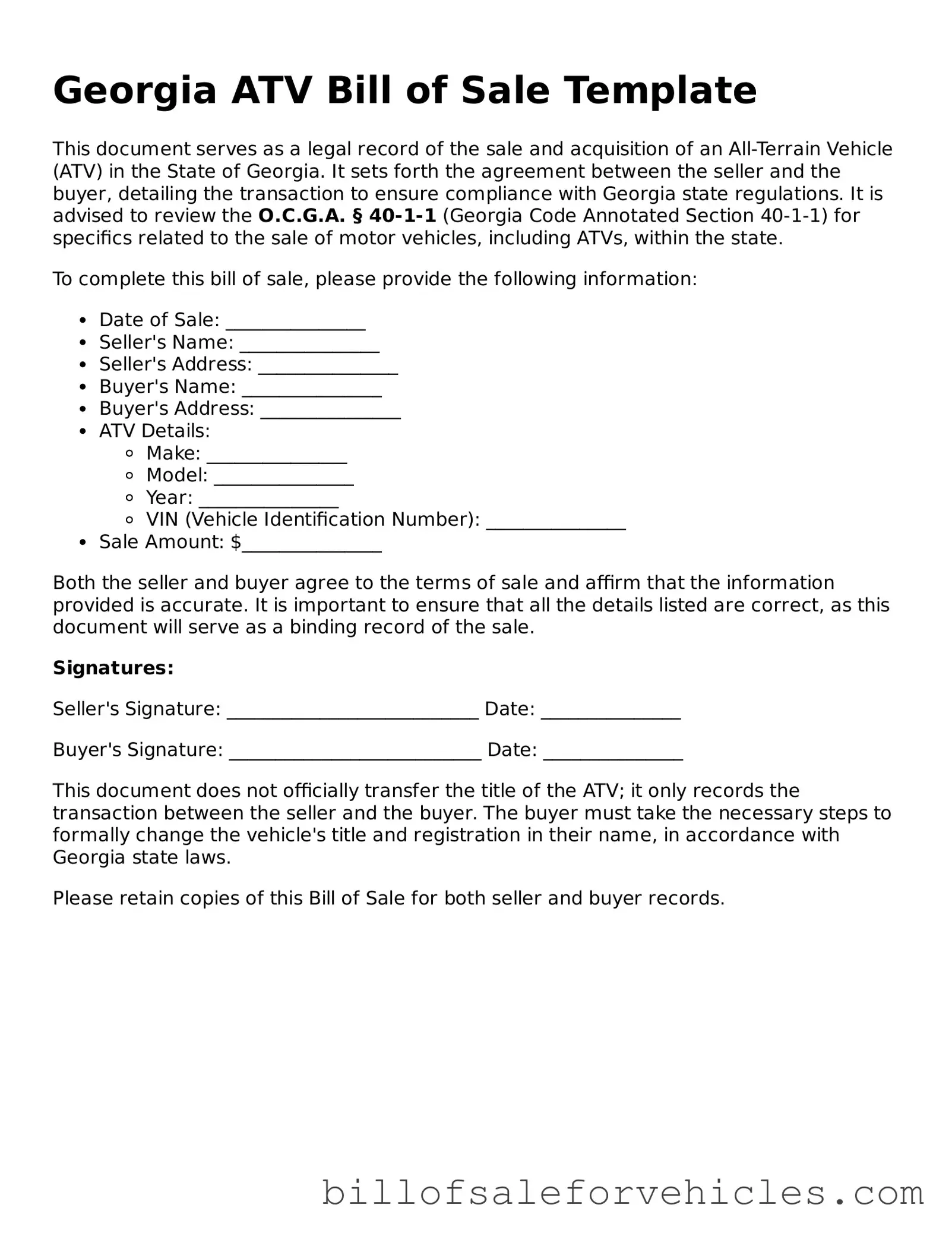 Valid Georgia ATV Bill of Sale Template