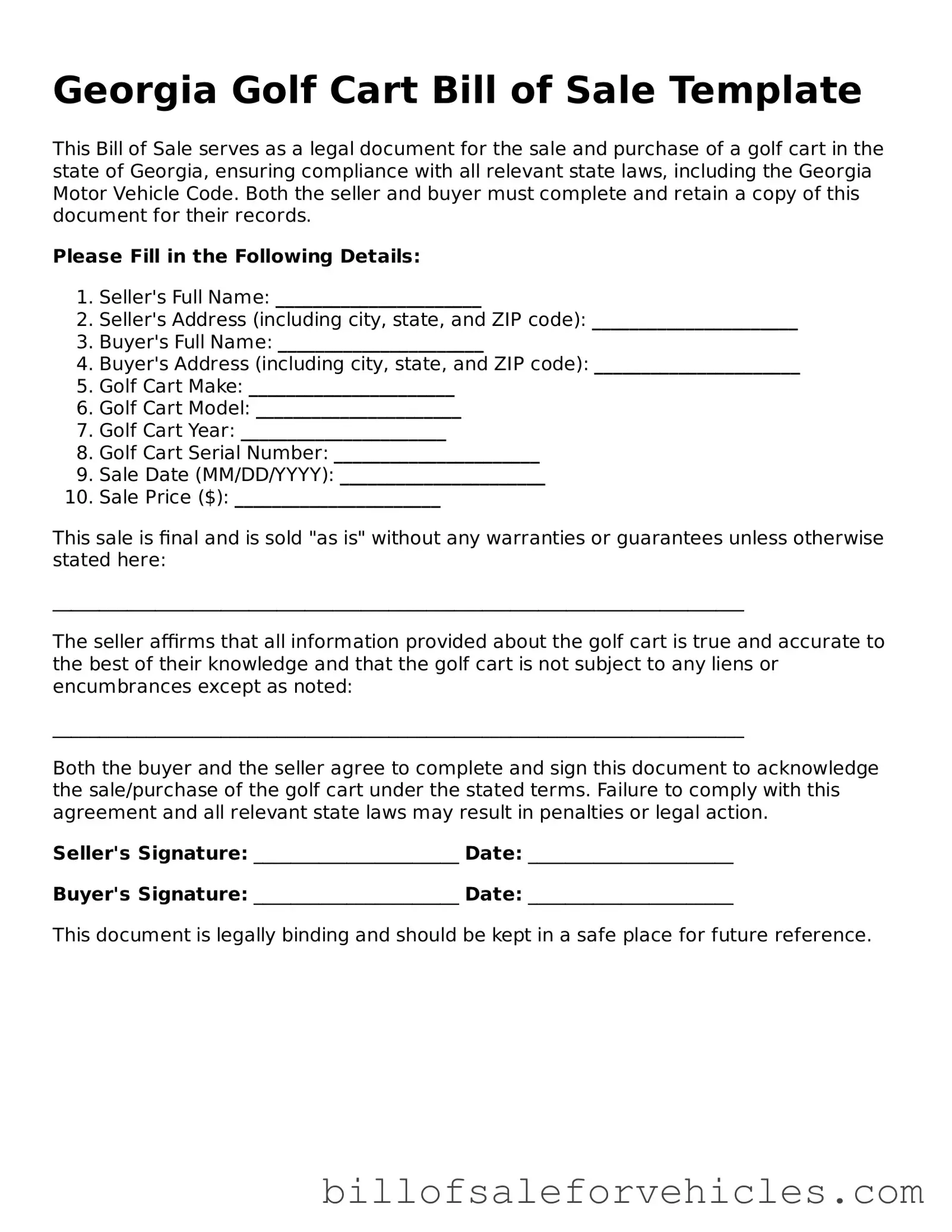 Valid Georgia Golf Cart Bill of Sale Template
