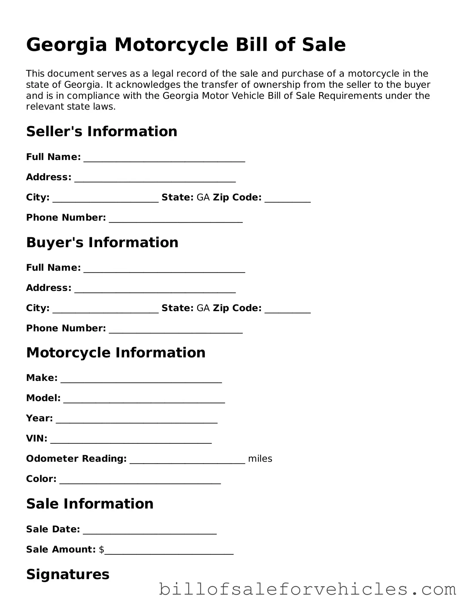 Valid Georgia Motorcycle Bill of Sale Template