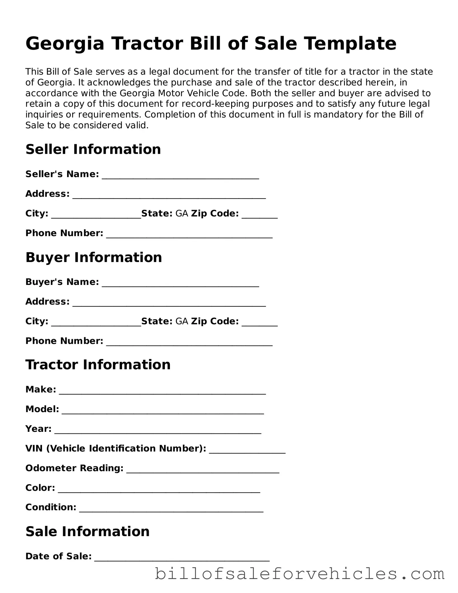 Valid Georgia Tractor Bill of Sale Template