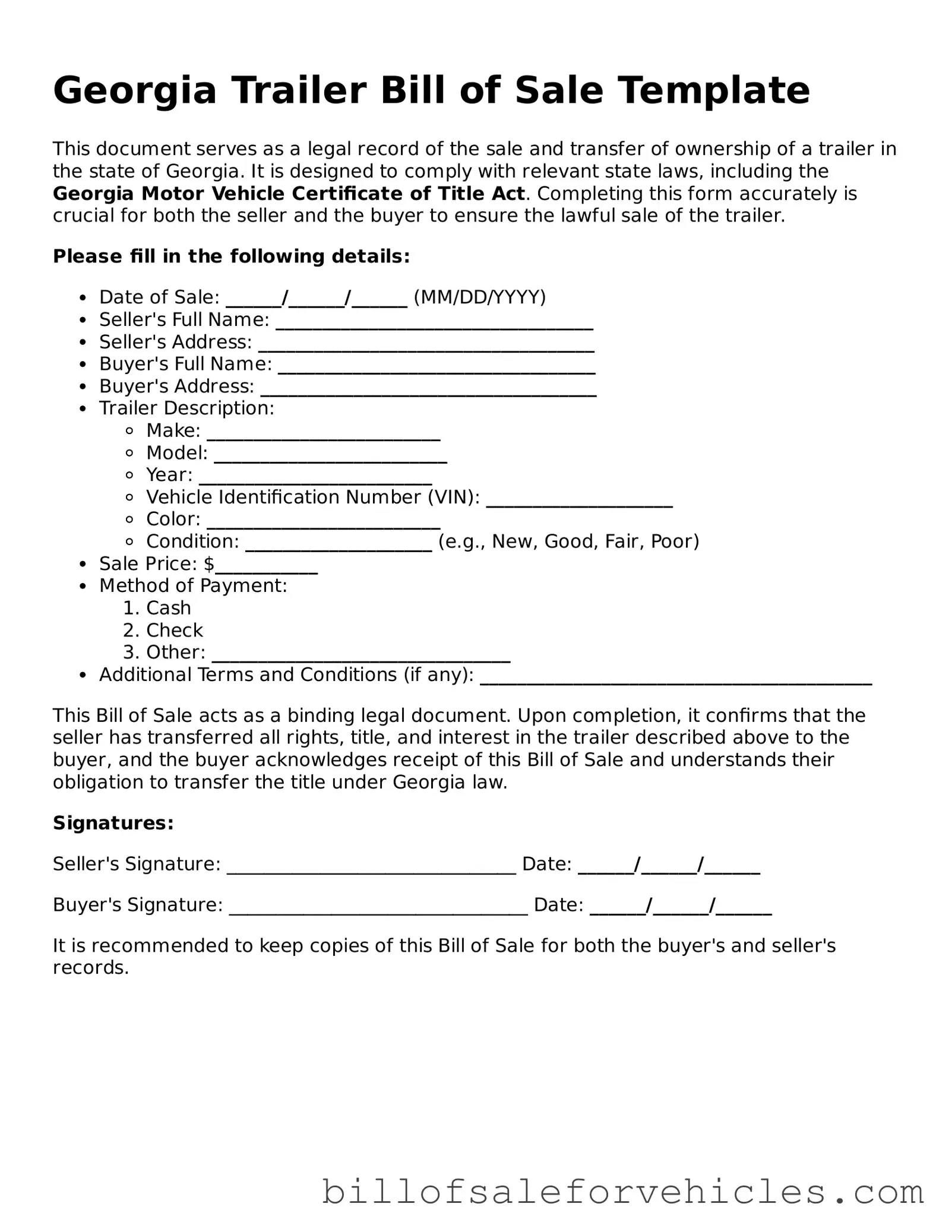 Valid Georgia Trailer Bill of Sale Template