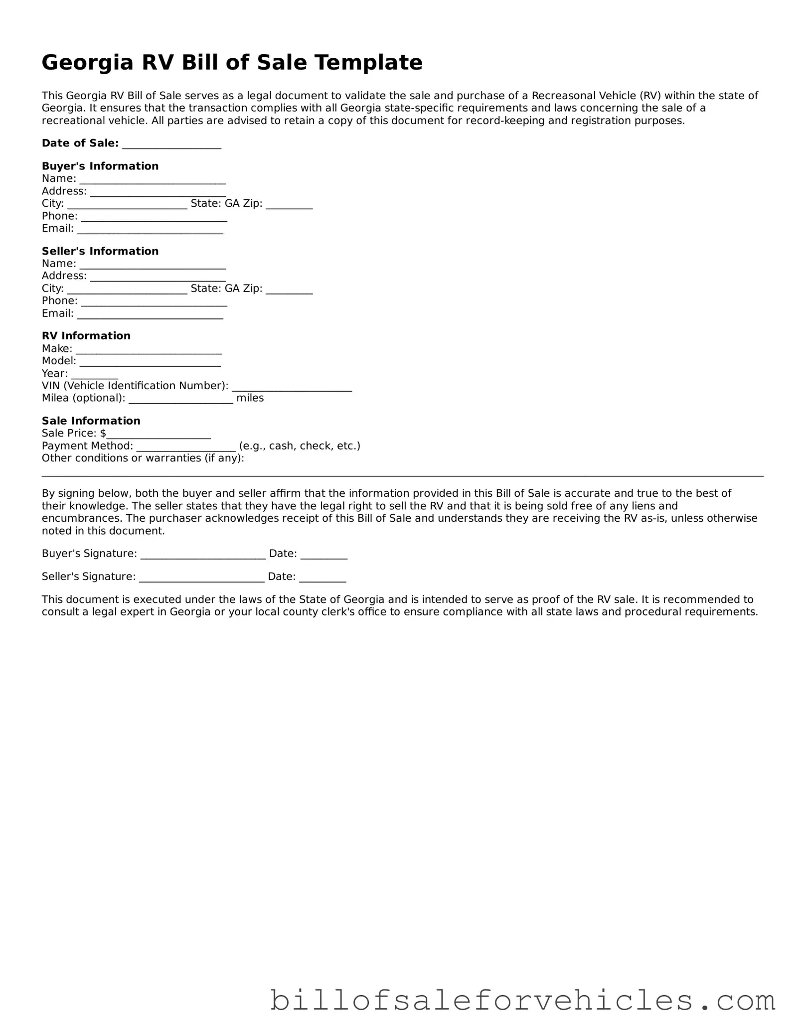 Valid Georgia RV Bill of Sale Template
