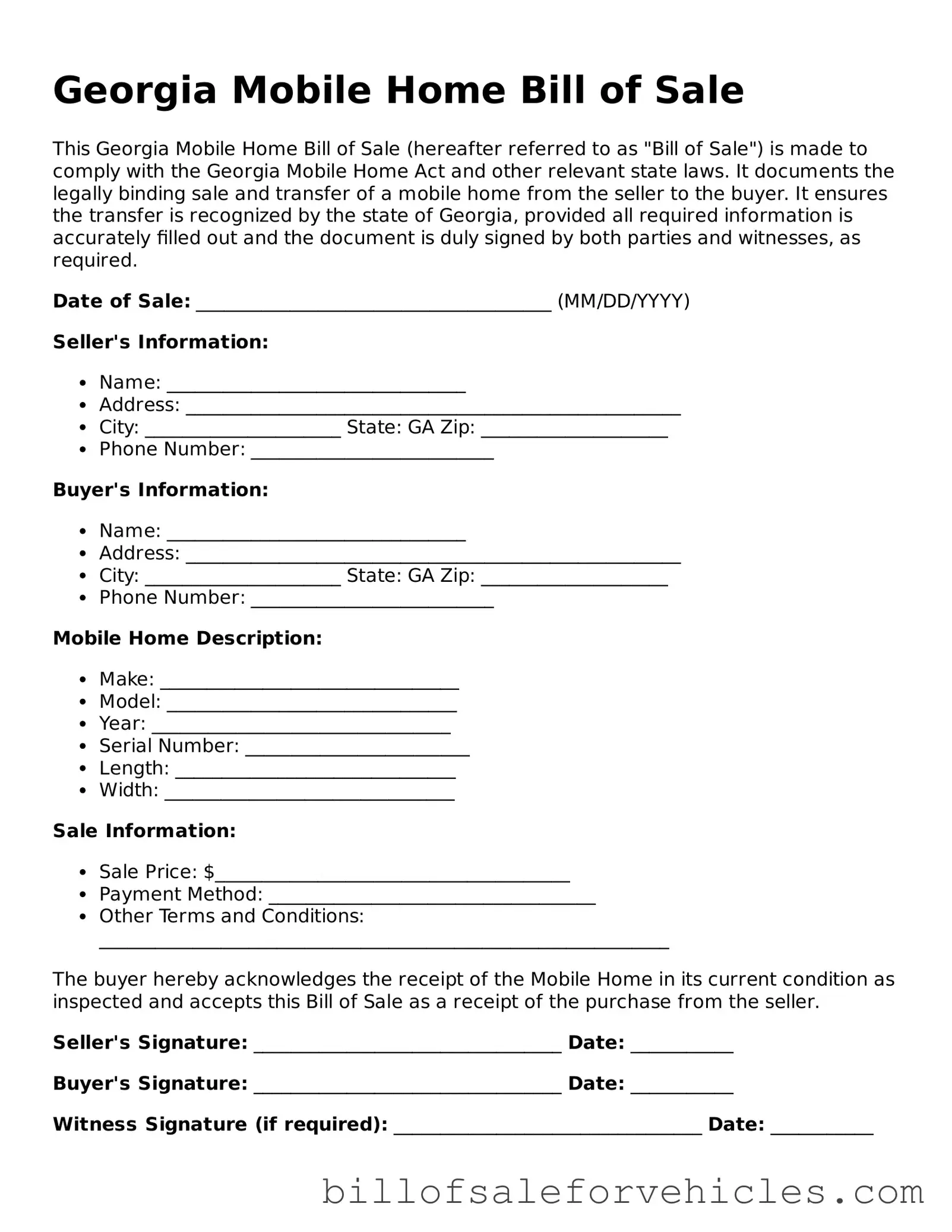 Valid Georgia Mobile Home Bill of Sale Template