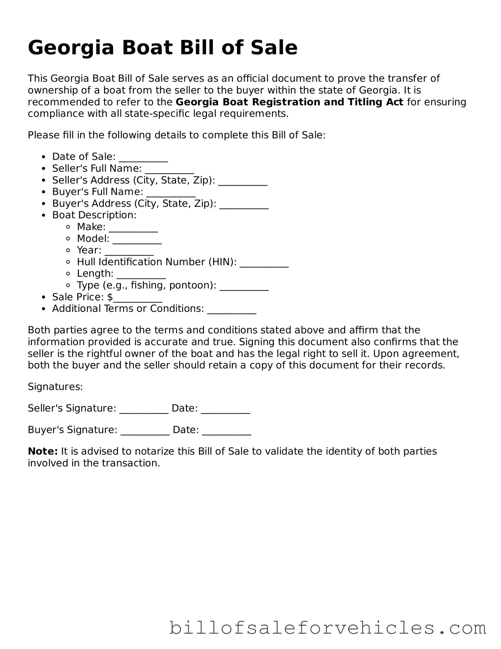 Valid Georgia Boat Bill of Sale Template