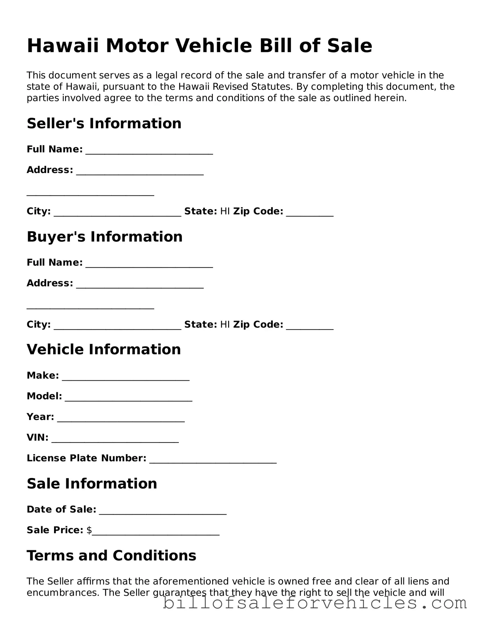 Valid Hawaii Motor Vehicle Bill of Sale Template