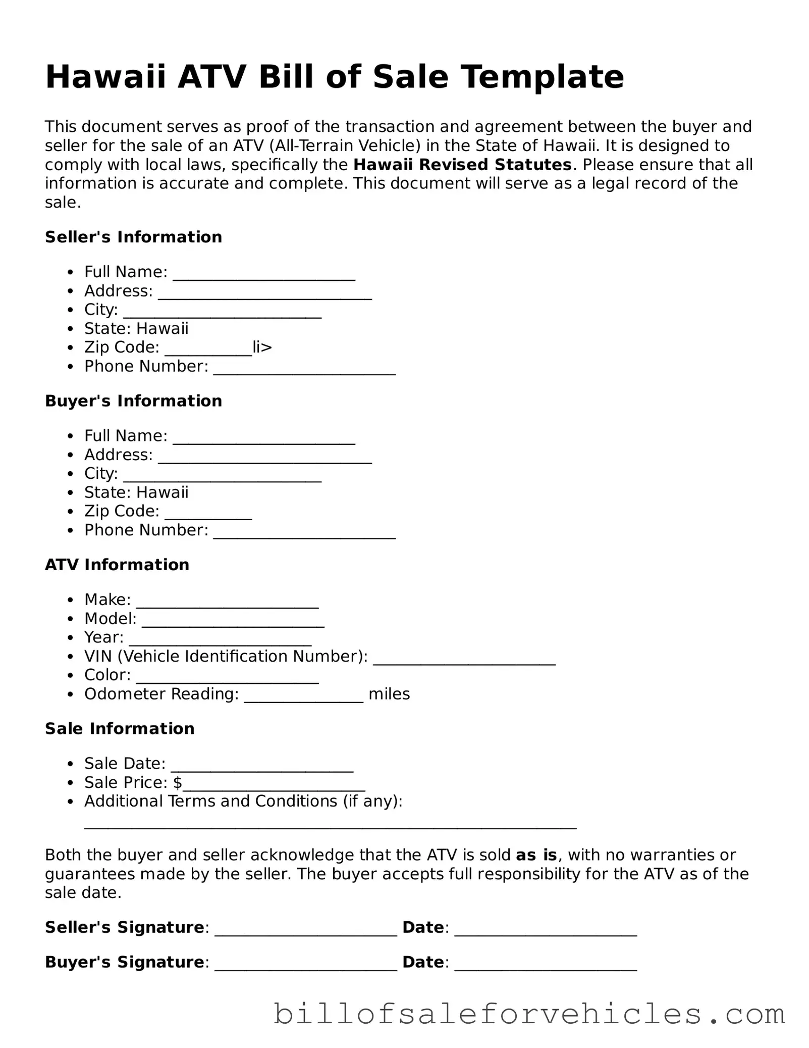 Valid Hawaii ATV Bill of Sale Template
