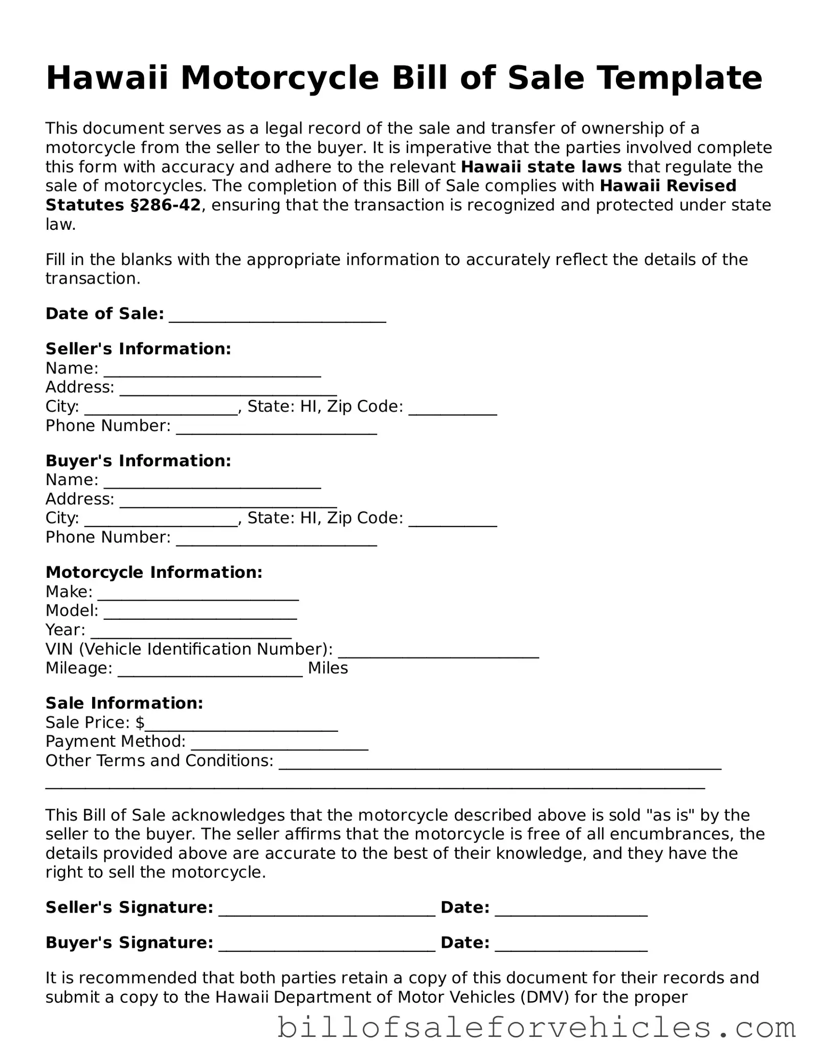 Valid Hawaii Motorcycle Bill of Sale Template