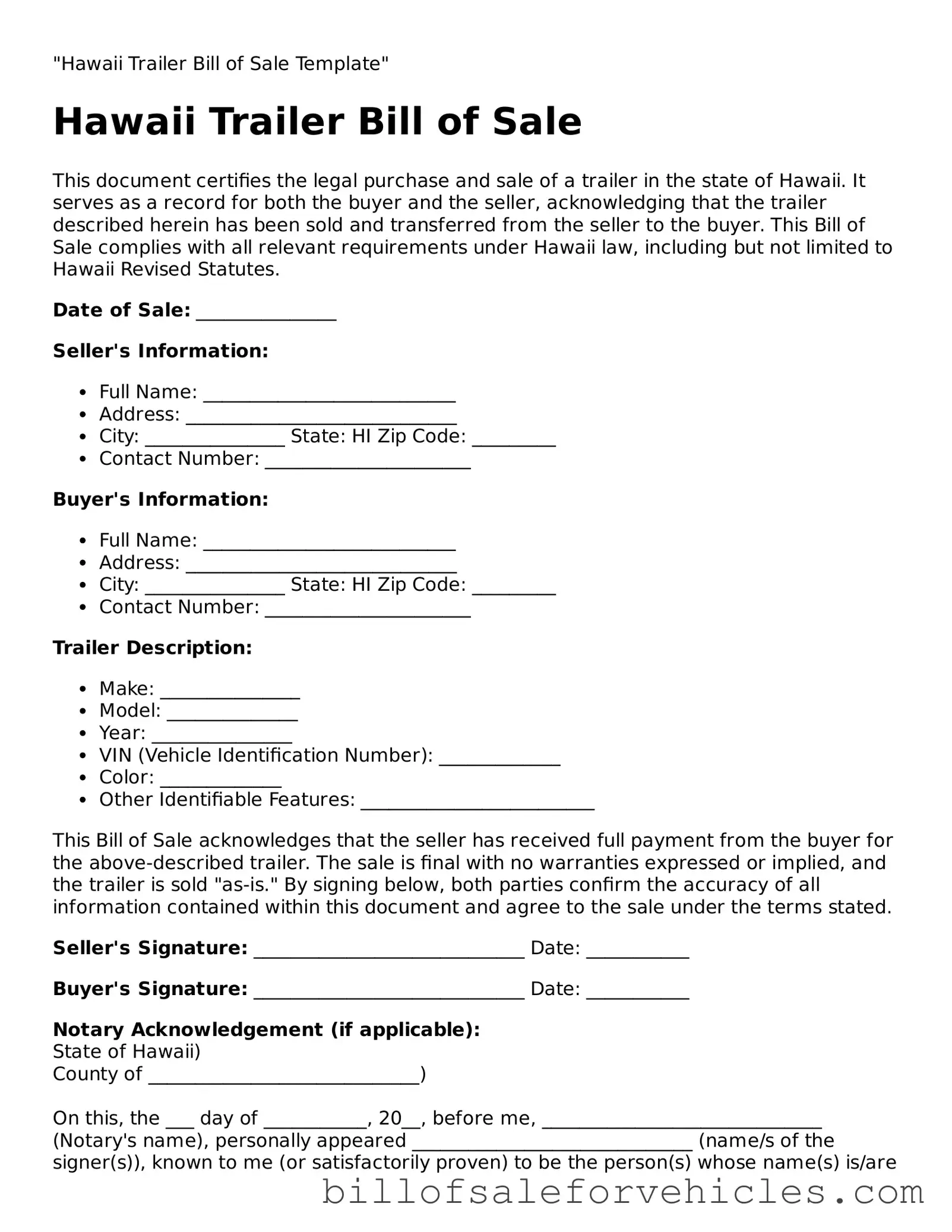 Valid Hawaii Trailer Bill of Sale Template