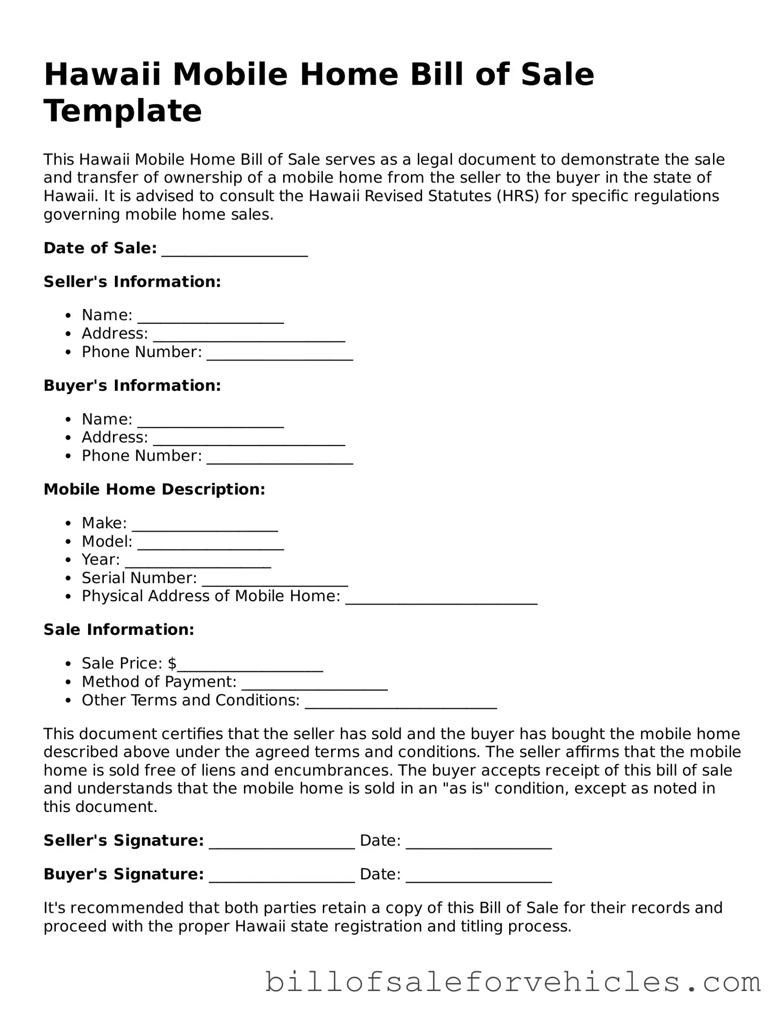 Valid Hawaii Mobile Home Bill of Sale Template