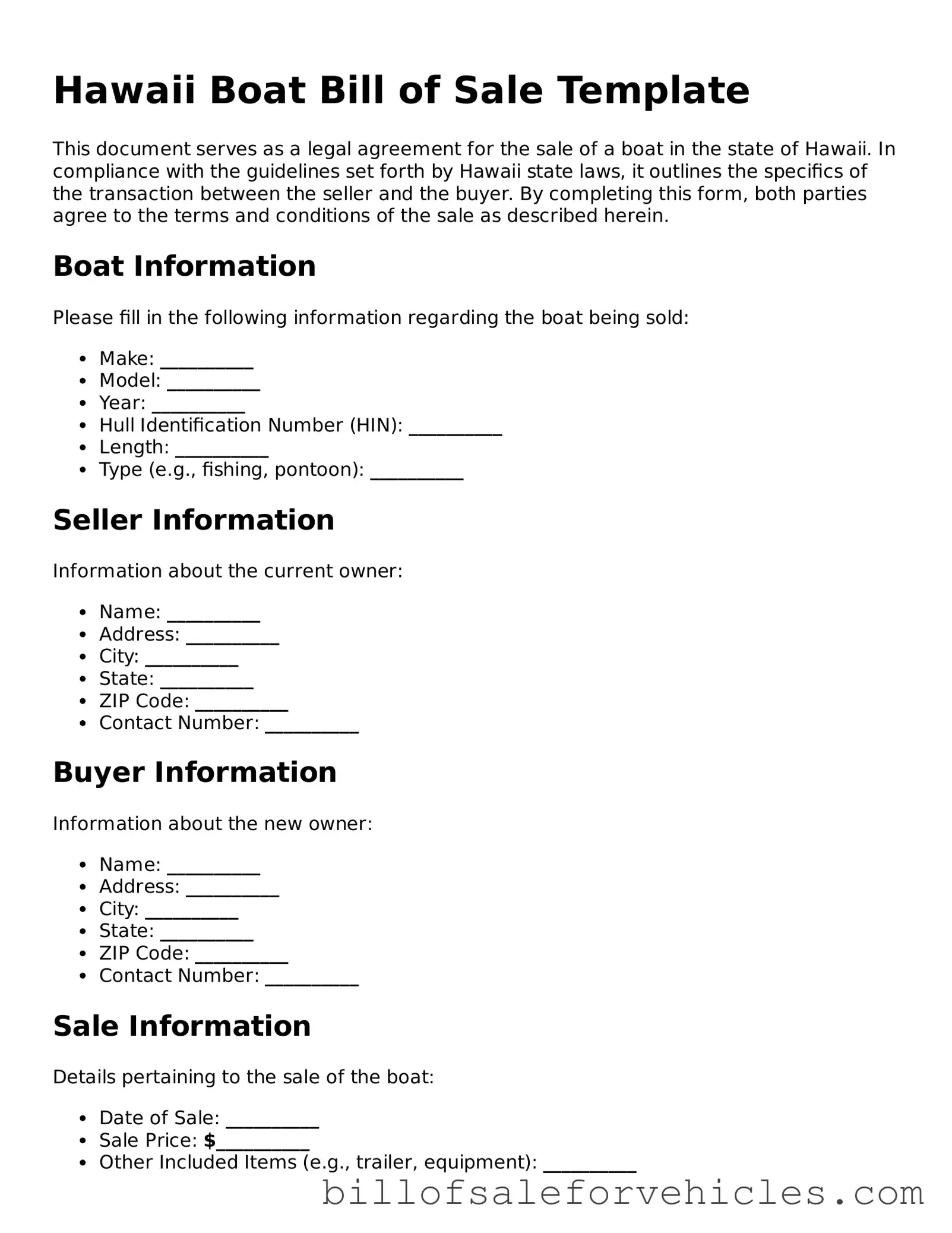 Valid Hawaii Boat Bill of Sale Template