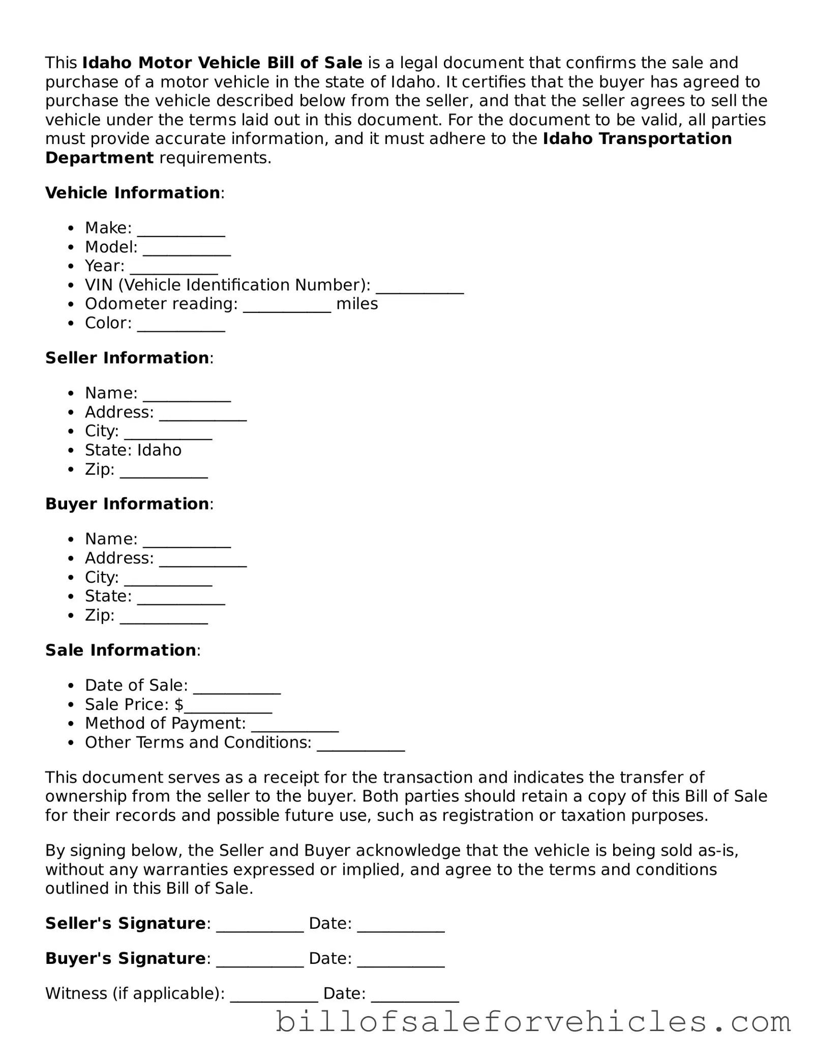 Valid Idaho Motor Vehicle Bill of Sale Template