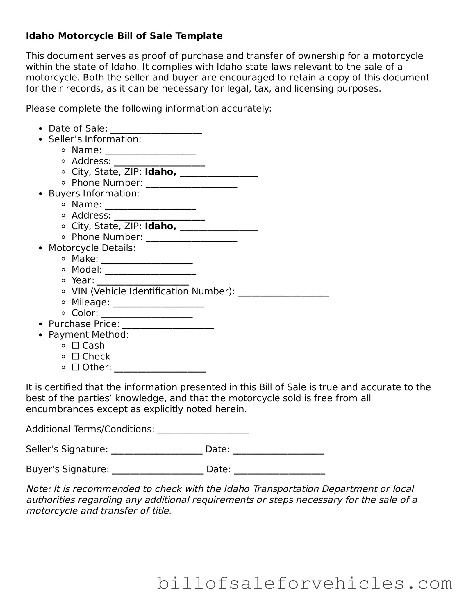 Valid Idaho Motorcycle Bill of Sale Template