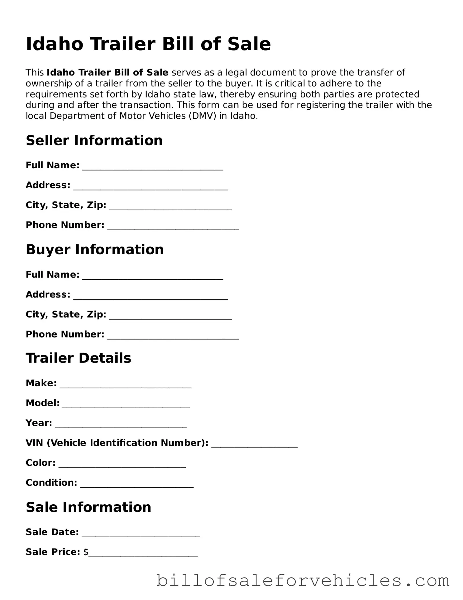 Valid Idaho Trailer Bill of Sale Template