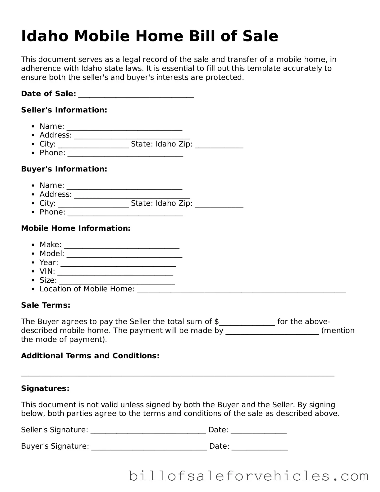 Valid Idaho Mobile Home Bill of Sale Template