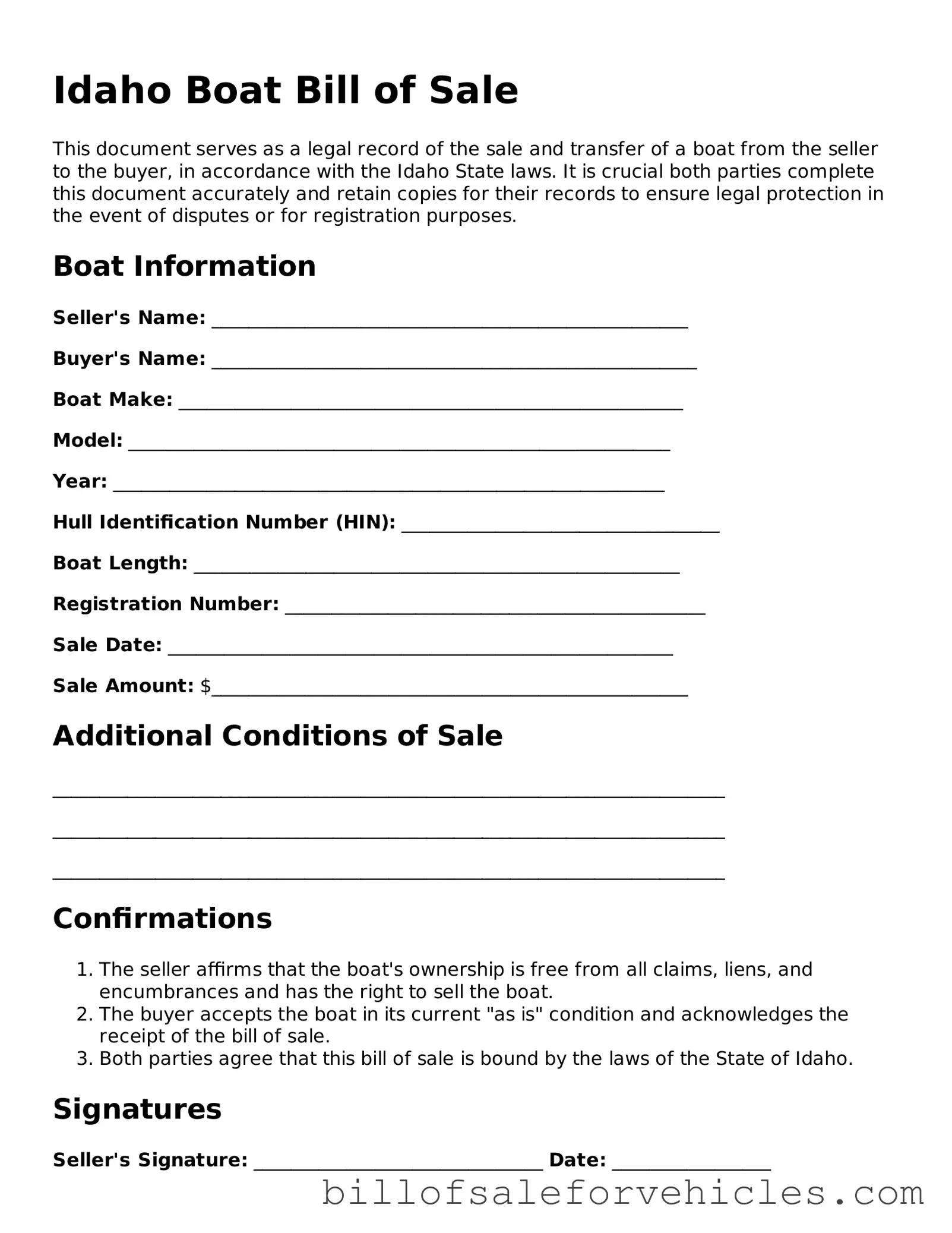 Valid Idaho Boat Bill of Sale Template