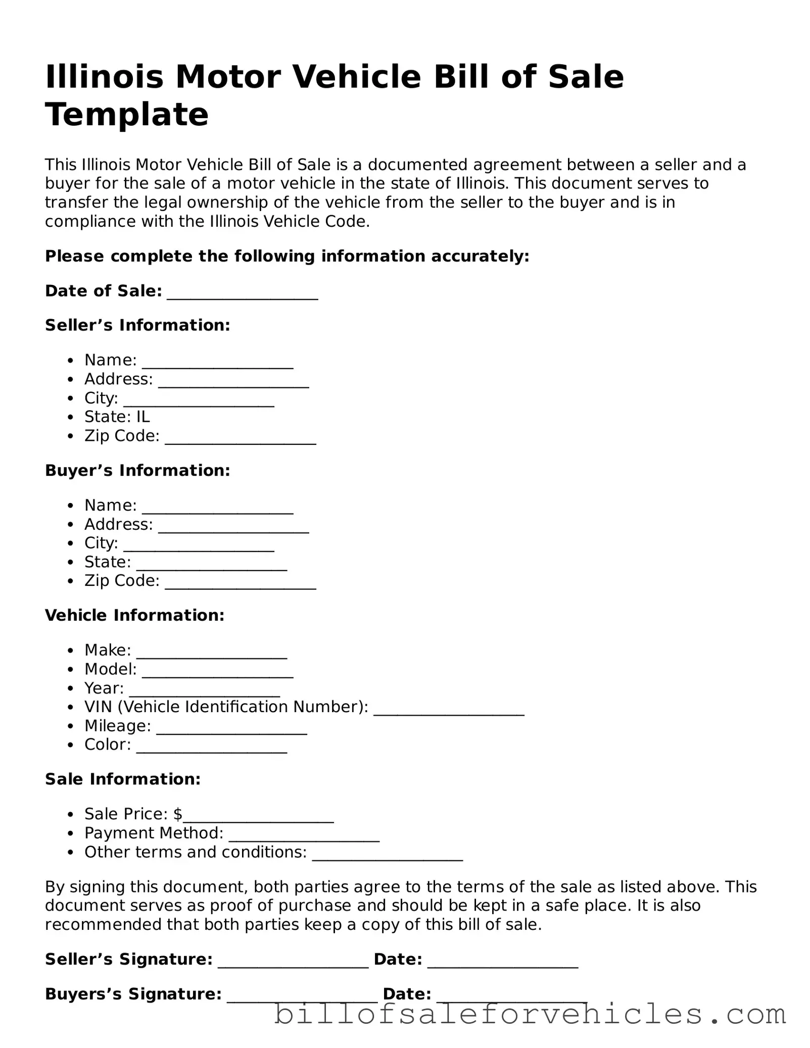 Valid Illinois Motor Vehicle Bill of Sale Template