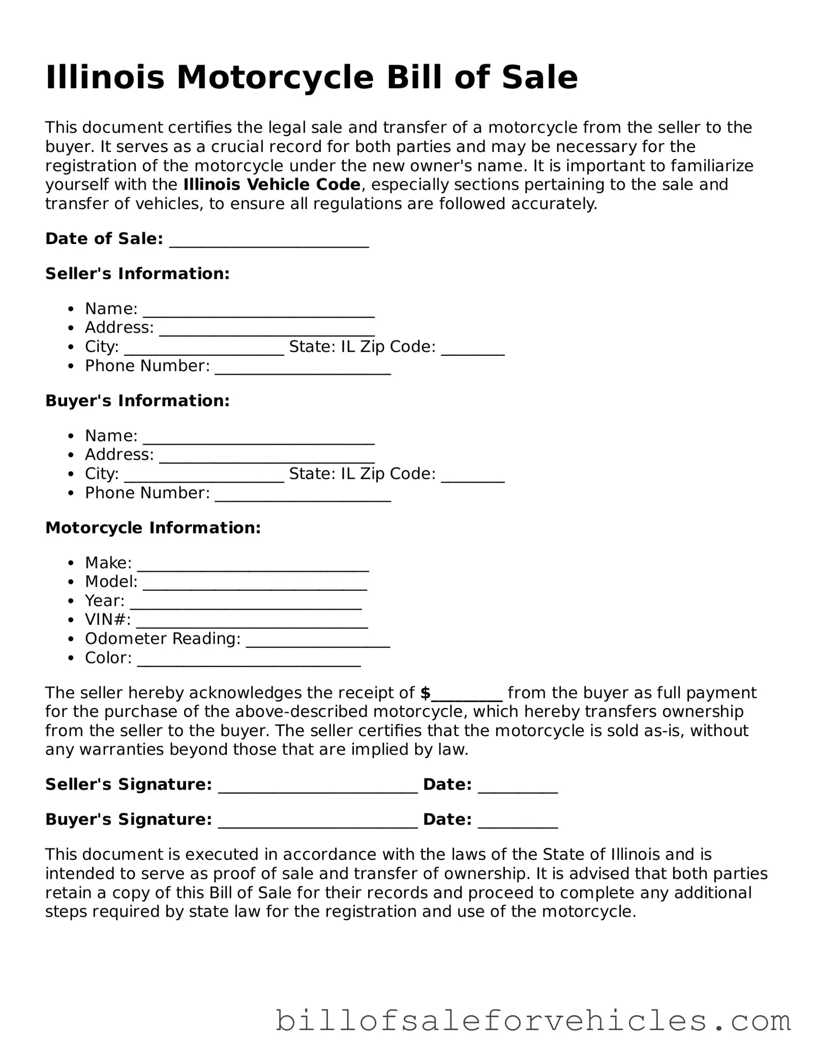 Valid Illinois Motorcycle Bill of Sale Template
