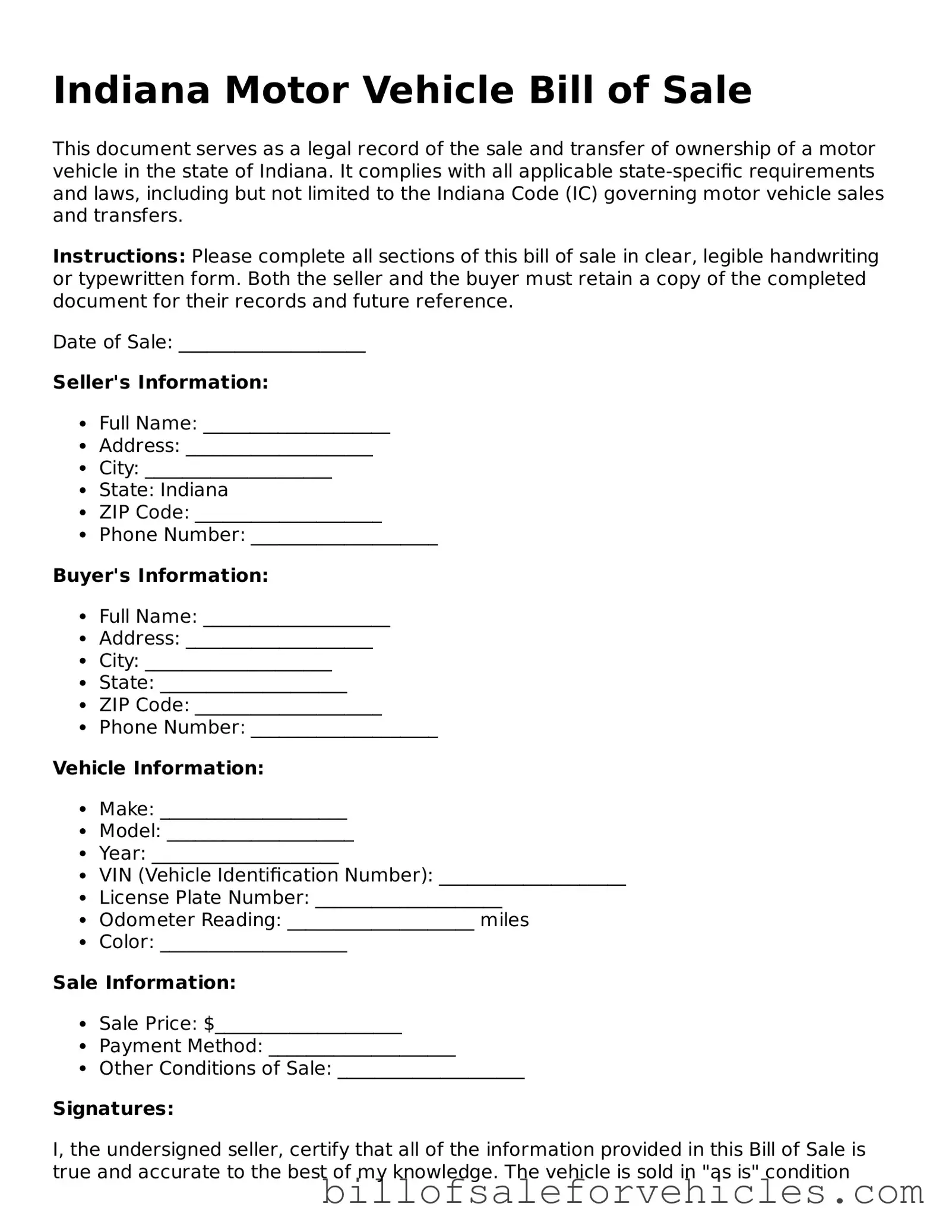 Valid Indiana Motor Vehicle Bill of Sale Template